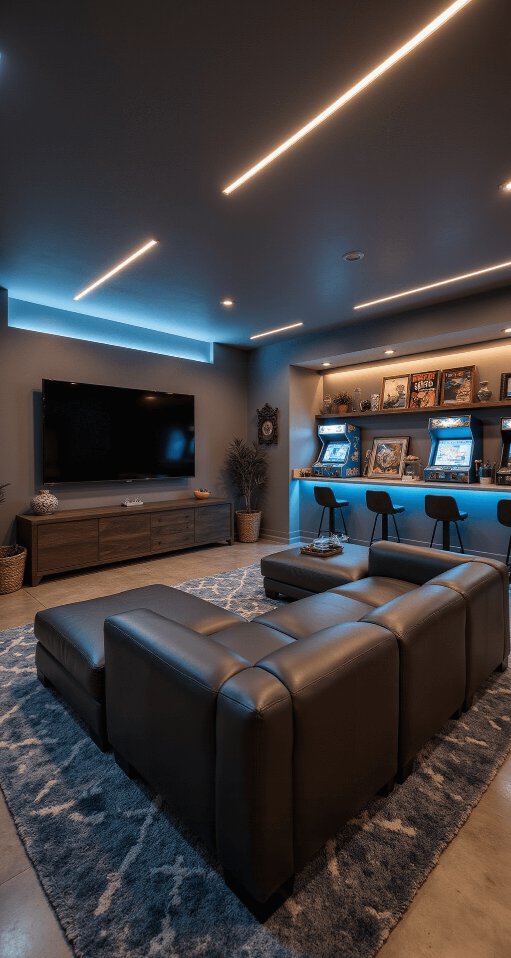 A cozy converted garage game room with a large L-shaped charcoal gray leather sectional, massive 85-inch 4K TV, polished concrete floor partly covered by a plush blue and gray geometric rug, vintage arcade cabinets, and a custom-built illuminated bar showcasing gaming memorabilia, captured in warm diffused lighting for a cinematic atmosphere.