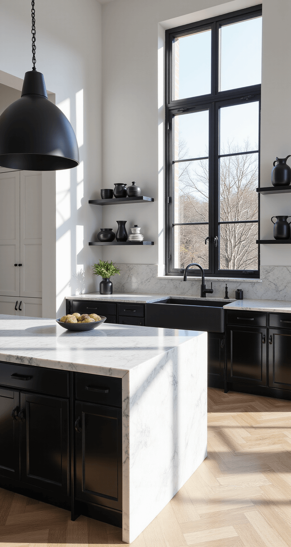 A modern two-tone kitchen featuring black lower cabinets and white upper cabinets, with a massive white marble island and oversized black pendant lights, illuminated by natural light from floor-to-ceiling windows.
