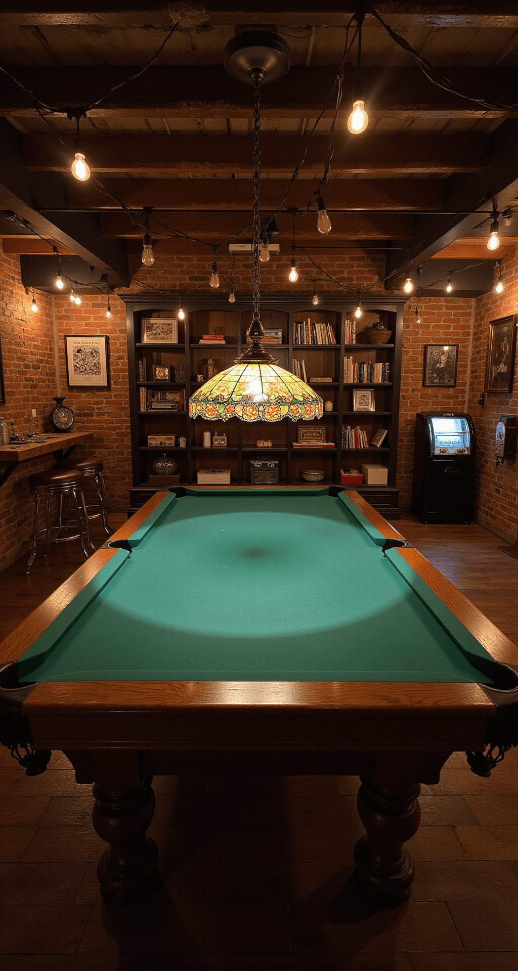 A cozy basement game room featuring exposed brick walls and low ceiling beams, with warm Edison bulb lighting. A regulation-size pool table with a green felt top is illuminated by a Tiffany-style lamp, surrounded by high-top distressed leather chairs. A floor-to-ceiling bookshelf holds board games and puzzles, while a vintage jukebox glows softly in the corner, creating a warm ambiance contrasted against the cool tones of the brick.