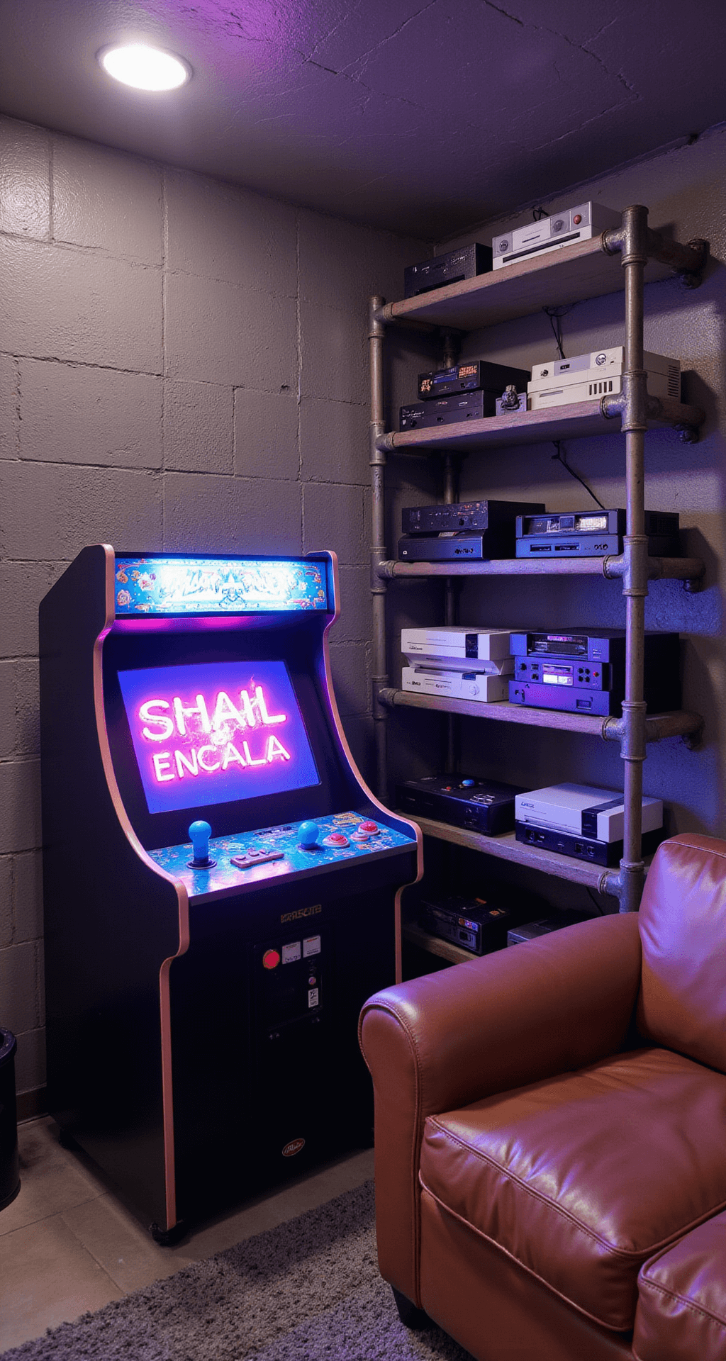 A retro gaming lounge in a basement with textured concrete walls, featuring a custom arcade cabinet with an LED marquee, neon game logos in pink and blue, vintage consoles on industrial pipe shelving, a modern gaming setup, and a tobacco brown leather gaming couch, captured from the corner with a wide-angle lens.