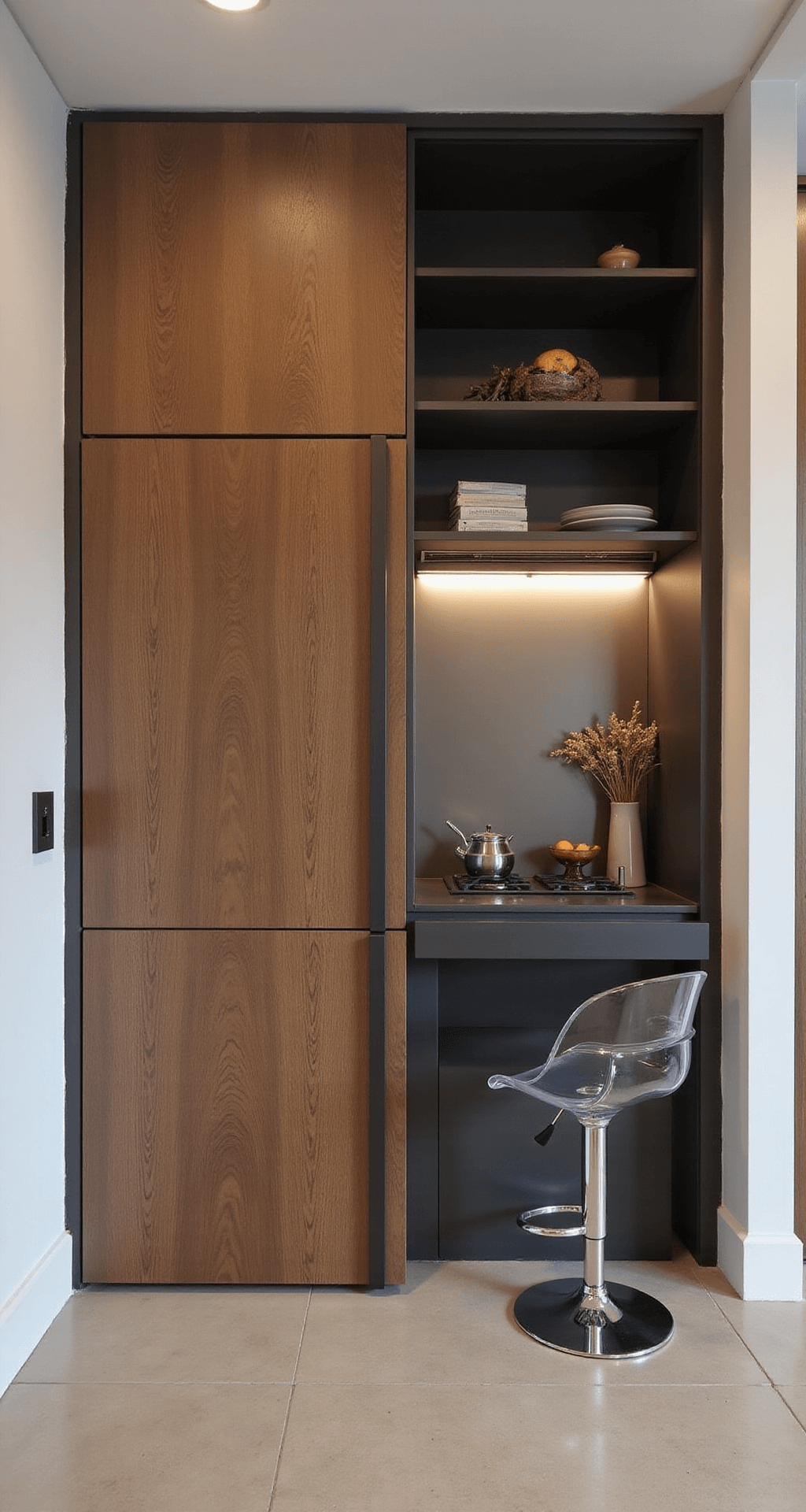 A modern compact kitchen featuring tall walnut cabinets, matte black floating shelves, a slim refrigerator, and a slide-in range, illuminated by a mirrored backsplash and soft LED lighting, with a petite peninsula and acrylic bar stools.