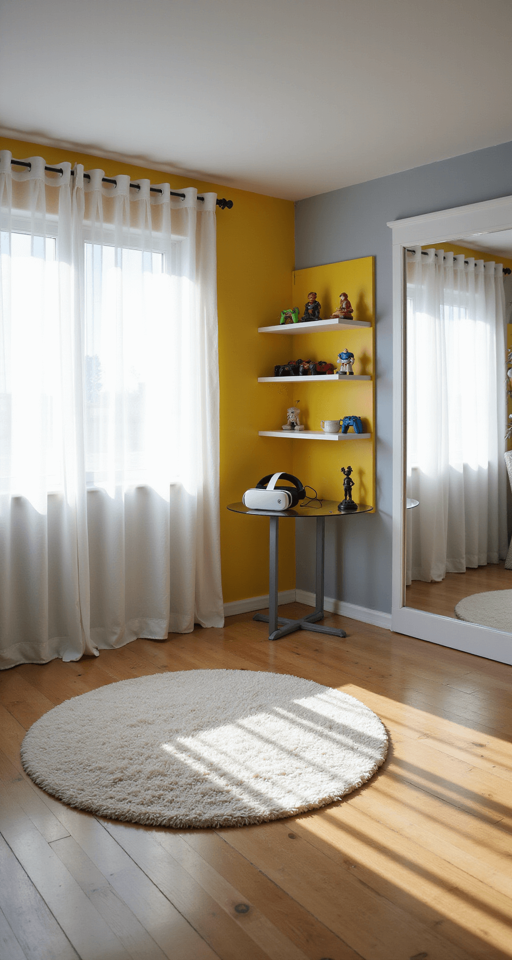 A bright, minimalist 12x14ft spare bedroom transformed into a VR gaming space, featuring mid-morning light, sheer white curtains, soft gray walls with a sunny yellow accent wall, and a low-pile rug. A sleek white VR headset is on a glass console table, while colorful game controllers and figurines are displayed on floating shelves. A large mirror enhances the sense of space. Wide-angle view from a corner.