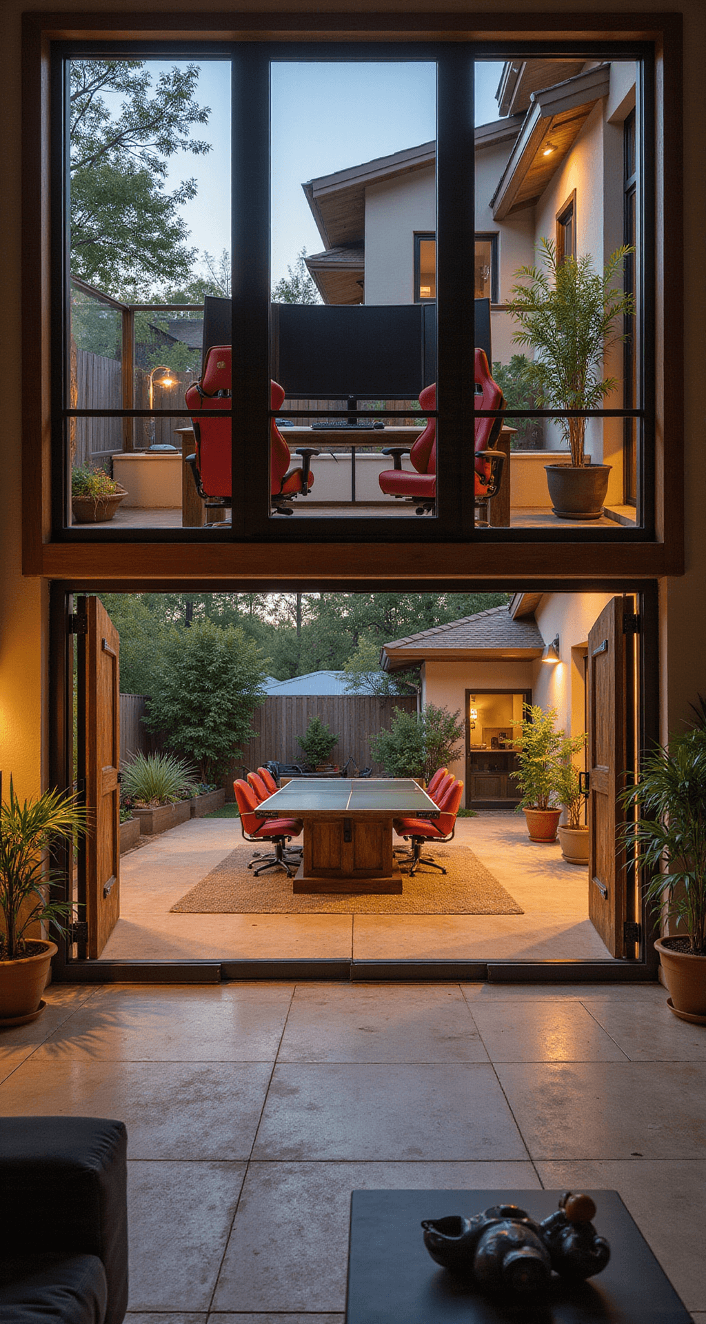 An indoor-outdoor game room featuring a rustic wooden desk with a large curved gaming monitor, high-end racing red chairs, and sliding glass doors leading to a patio with a weatherproof ping pong table surrounded by potted plants, illuminated by warm golden hour light.