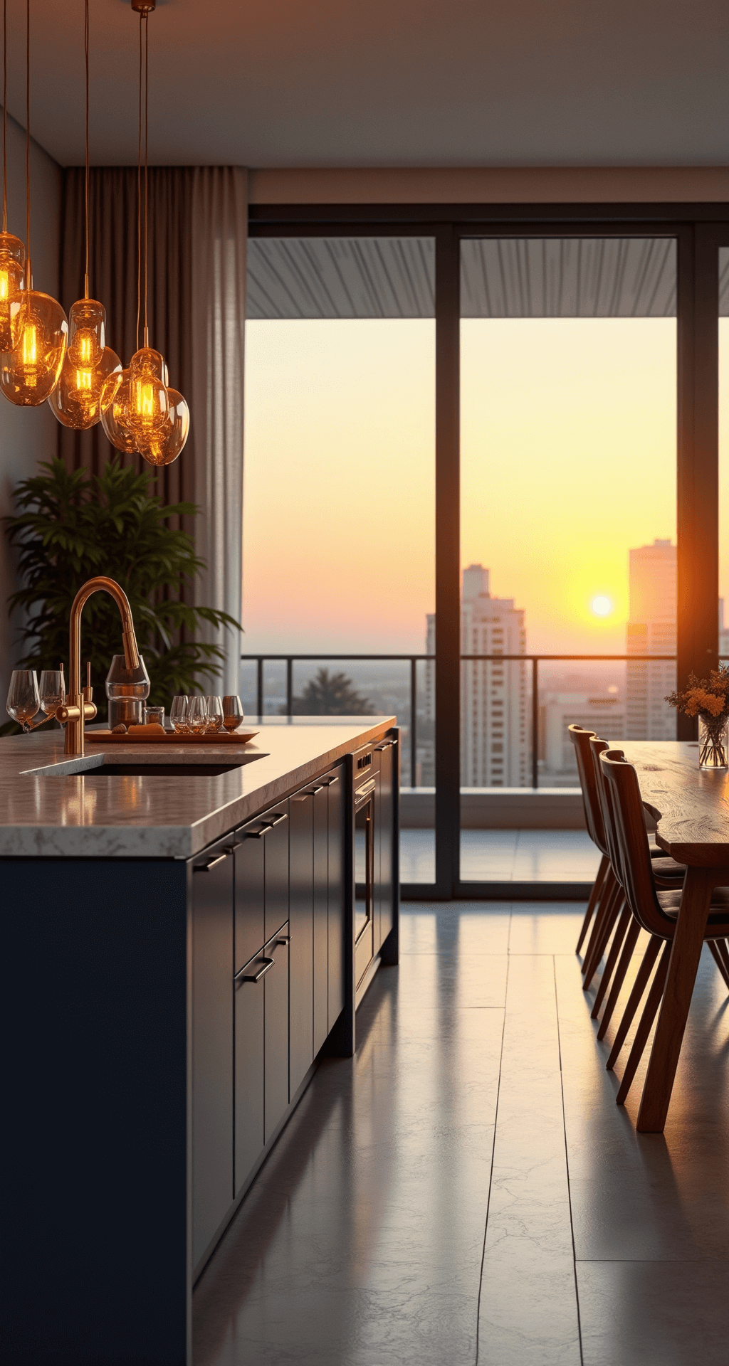 A modern kitchen-diner bathed in golden hour light, featuring navy blue handleless cabinets, a quartzite island, and a live-edge wood dining table surrounded by mid-century modern chairs, framed by floor-to-ceiling windows showcasing a stunning sunset.