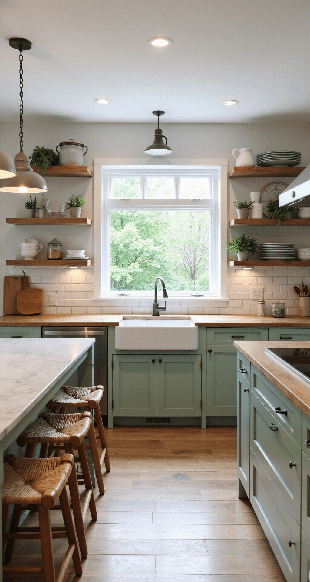 A bright and airy modern farmhouse kitchen featuring soft sage green Shaker-style cabinets, butcher block countertops, a white subway tile backsplash, and a large apron-front sink under a garden window. Open shelving displays vintage and modern dishware, while a marble-topped freestanding island with rattan bar stools offers additional workspace. Brushed nickel hardware and warm lighting enhance the cozy atmosphere.