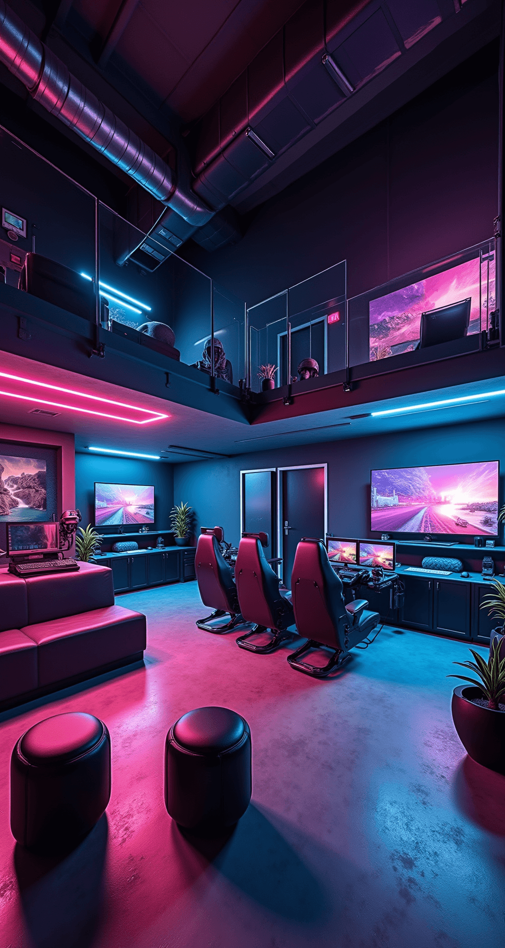 A spacious futuristic game room with RGB lighting, featuring a multi-screen gaming setup, full-size racing simulator, and modular color-changing furniture, all set in a loft with exposed black ductwork and a polished concrete floor reflecting vibrant lights.