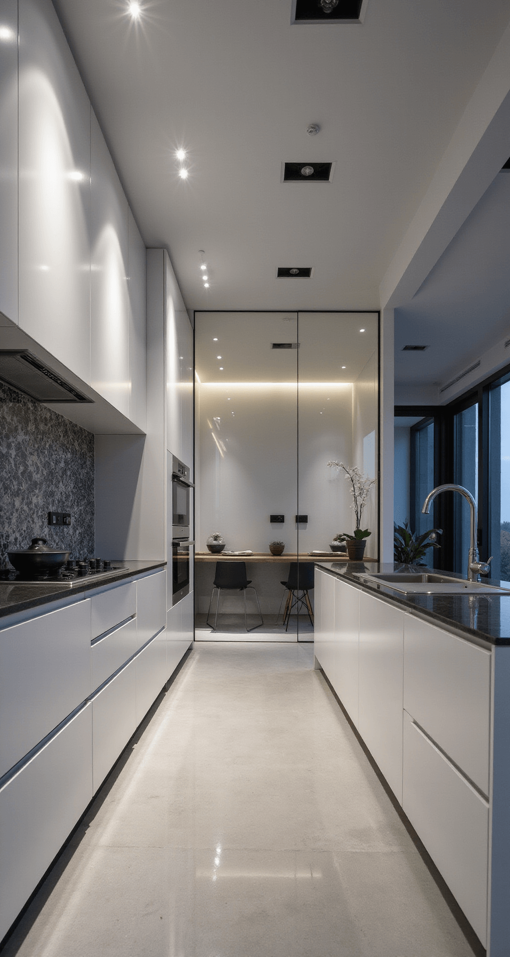 An ultra-modern kitchen with handle-free white cabinets, a backlit onyx feature wall, a floating charcoal nano-glass island, integrated appliances, and a glass partition, captured from a low angle with balanced cool and warm lighting.