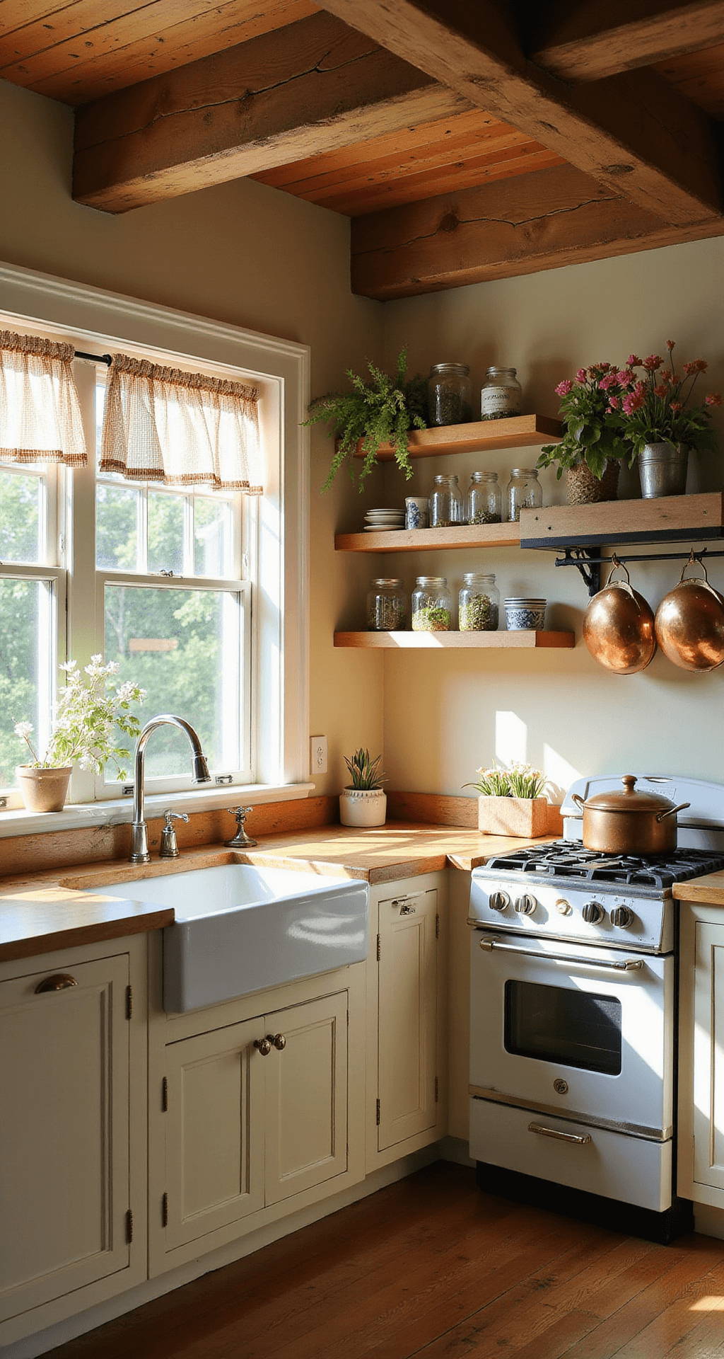 A cozy rustic kitchen with cream-colored shaker cabinets, butcher block countertops, and a farmhouse sink, illuminated by warm afternoon light. Exposed wooden beams and gingham curtains add charm, while wildflowers in mason jars and copper pots hanging above a vintage stove complete the inviting atmosphere.