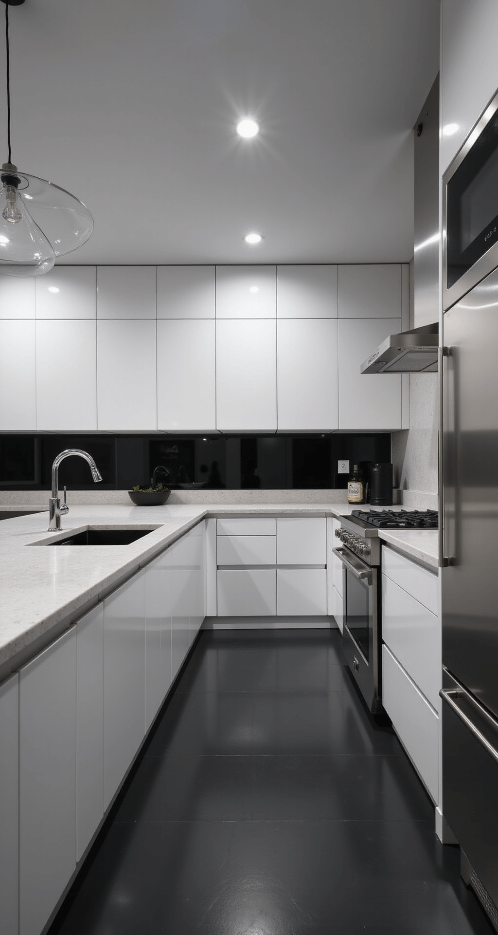 A modern 10x12 ft kitchen featuring high-gloss white handleless cabinets, a large center island with a waterfall quartz countertop, stainless steel appliances, and a sculptural pendant light, all in a black and white color scheme with chrome accents.