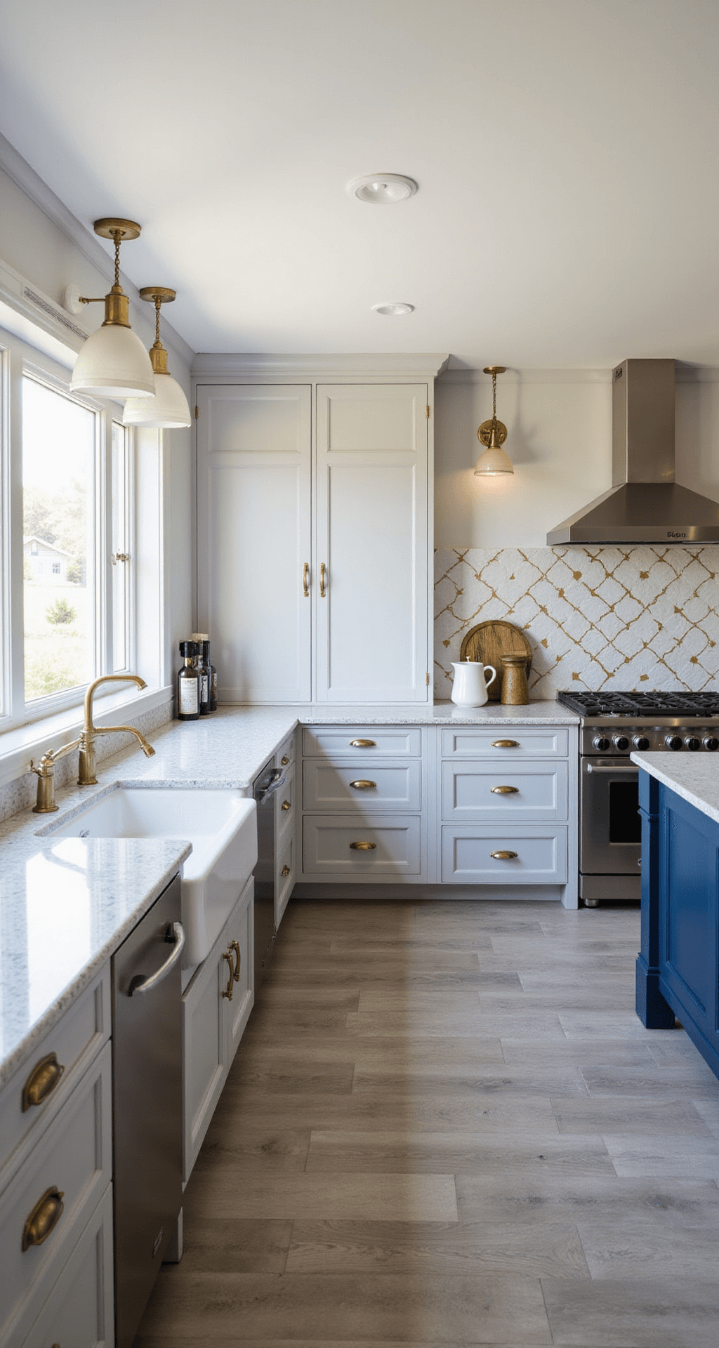 A bright and airy traditional kitchen featuring dove gray Shaker cabinets, a bold navy island, brass accents, and a striking white and gold geometric tile backsplash, highlighted by morning sunlight. A cozy breakfast nook with a built-in banquette is visible in one corner.