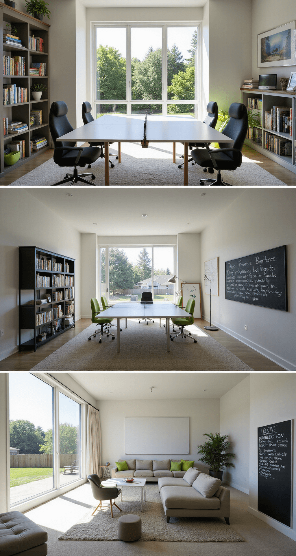 A multifunctional home office and game room featuring a sleek white desk that transforms into a ping pong table, ergonomic chairs, a floor-to-ceiling bookshelf with a sliding ladder, and a large interactive whiteboard, all bathed in midday sunlight from floor-to-ceiling windows overlooking a lush backyard. The color scheme includes crisp white and charcoal with lime green accents.