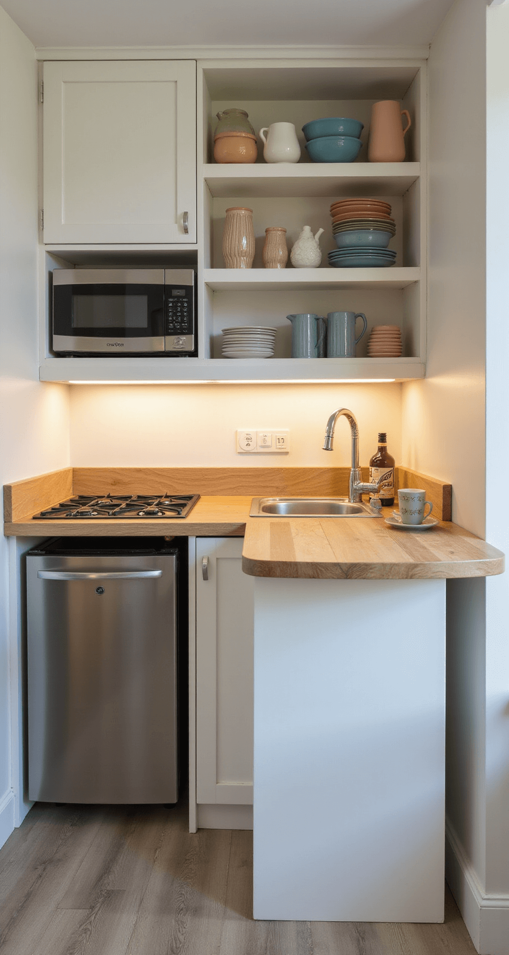 Aerial view of a compact 3x4 ft kitchenette featuring a mini fridge, two-burner cooktop, and slim sink on one wall, while open shelving displays colorful dishes. Soft under-cabinet lighting brightens the space, and a fold-down table on the opposite wall serves as prep and dining area, all in a light color scheme.