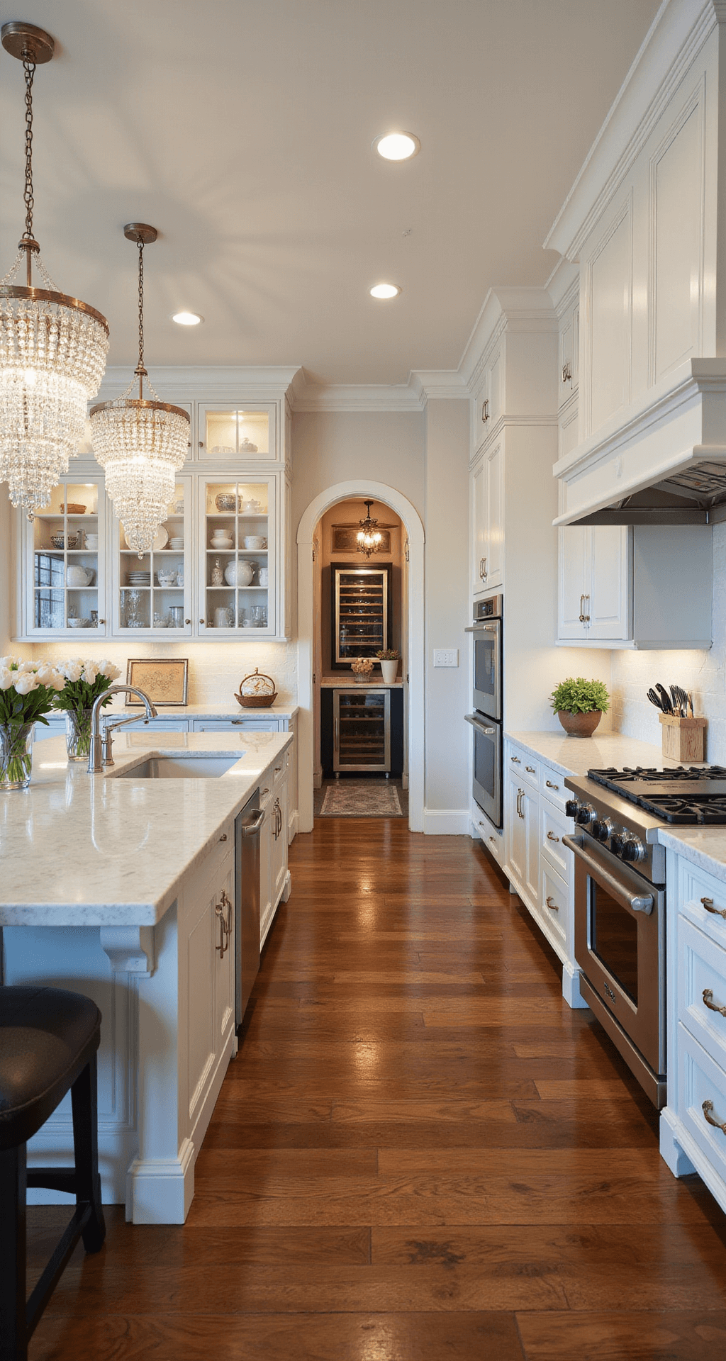 A luxurious 10x10 ft kitchen featuring crystal chandeliers, custom white cabinetry, a marble-topped island, stainless steel appliances, and a walk-in pantry, all set on rich hardwood floors.