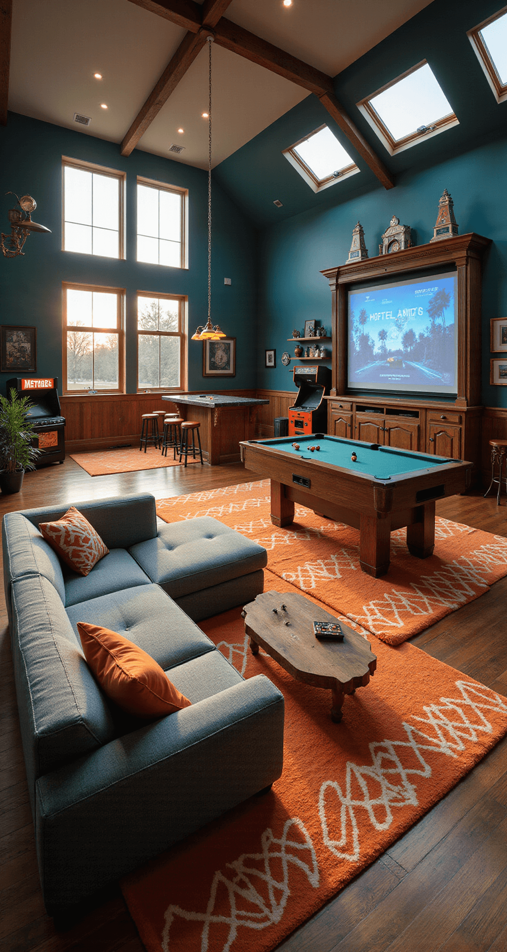 An open-concept family game room with vaulted ceilings, bathed in warm golden hour light, featuring a sunken conversation pit, a large projection screen, a custom arcade cabinet, a regulation-size pool table, and a wet bar with neon signage, all set against a bold color palette of deep teal walls, copper accents, and orange geometric-patterned rugs.