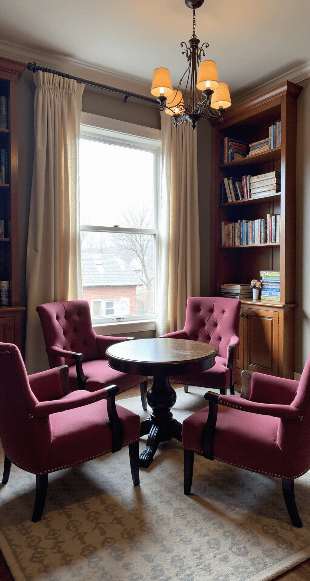 Cozy board game corner in a family room, featuring a round pedestal table with a built-in lazy Susan surrounded by jewel-toned armchairs, a statement chandelier above, built-in bookcases filled with board games, and soft afternoon light filtering through sheer curtains.