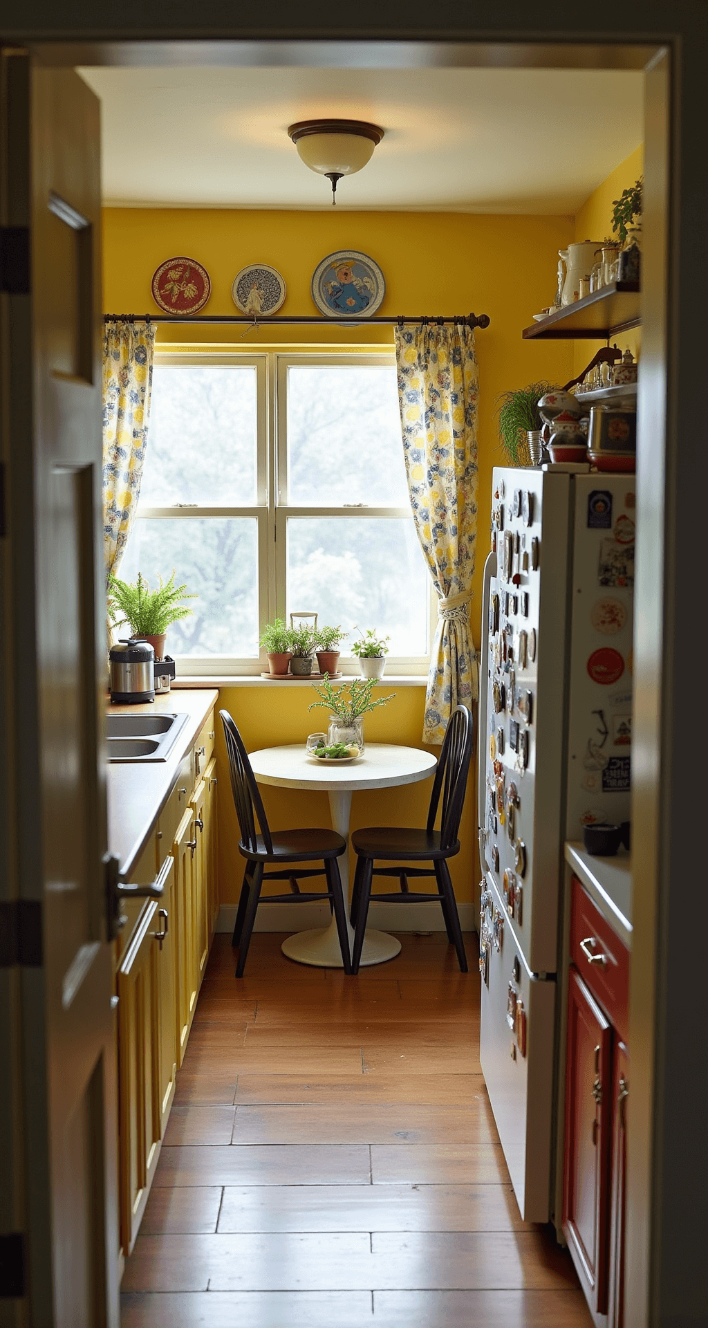 A cozy 4x5 ft kitchen with yellow Ikea-style cabinets, open shelving of vintage plates, a small table with two chairs under a large window with homemade curtains, potted herbs on the windowsill, and a refrigerator adorned with colorful magnets and family photos.