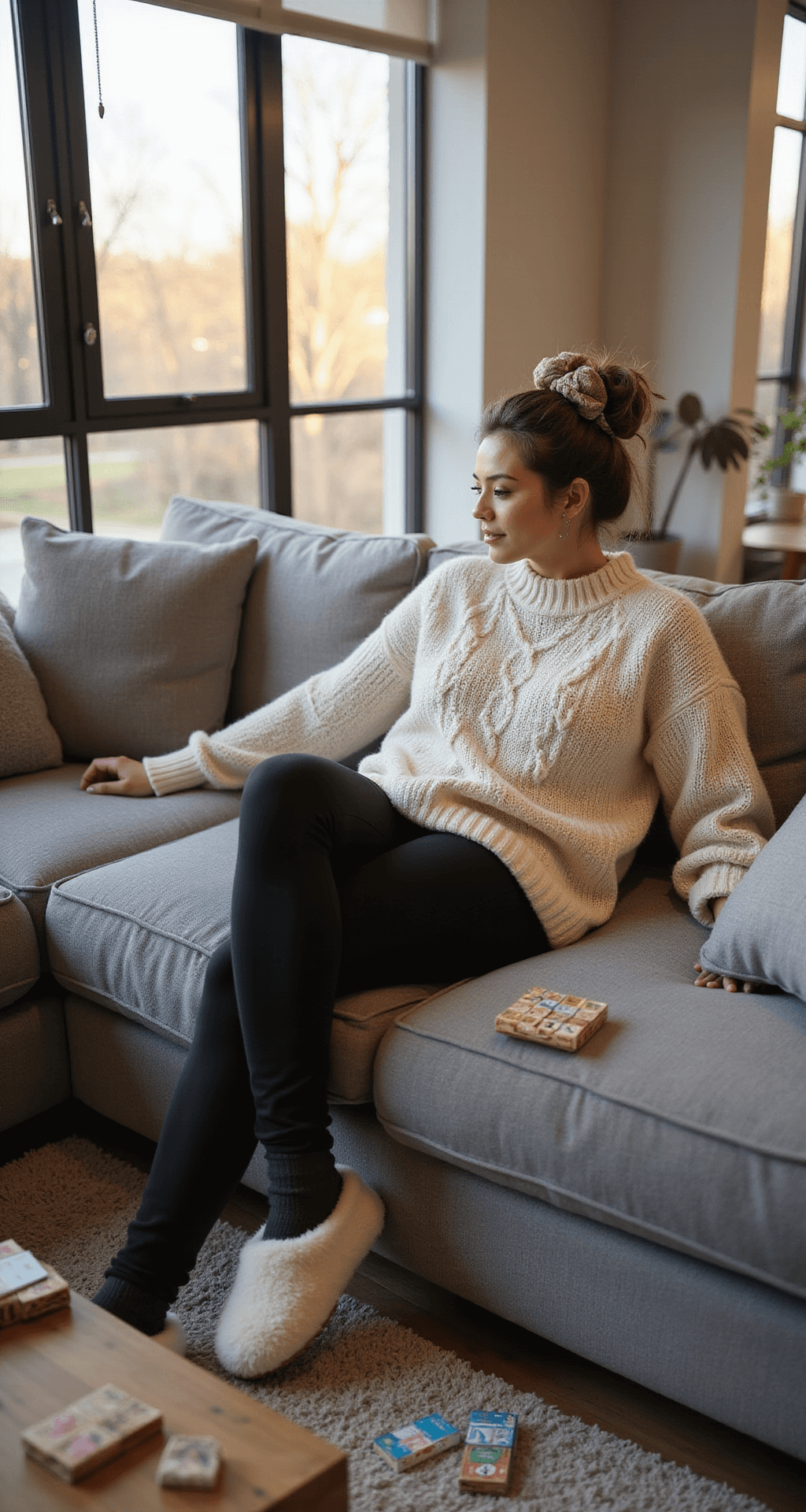 A cozy modern living room filled with warm afternoon light, featuring a young woman in an oversized cream cable-knit sweater and high-waisted black leggings lounging on a plush grey sectional, with board games scattered on the coffee table and her hair in a messy bun secured with a velvet scrunchie, captured from an elevated angle.