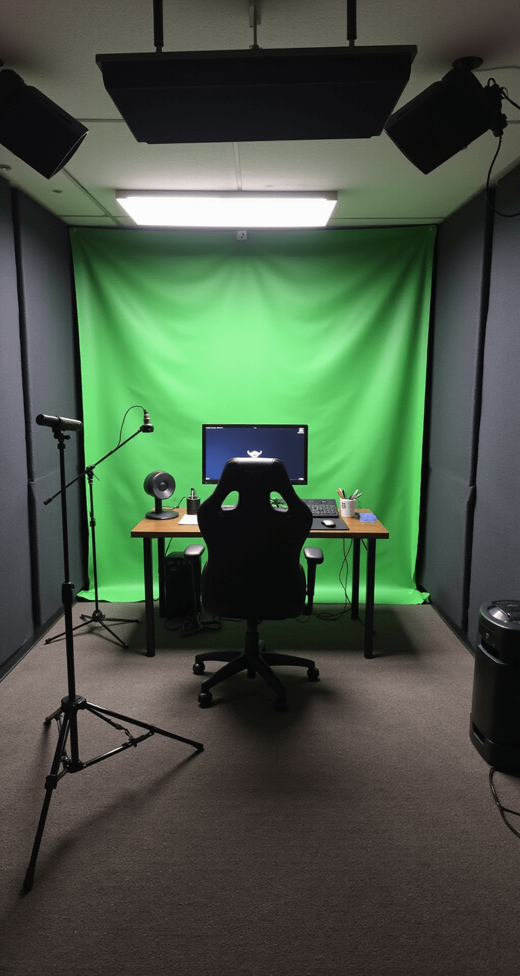 A professional streaming studio featuring a sound-treated room with charcoal acoustic panels, optimized lighting, a dual PC setup, a stream deck, an audio interface, and a wall-mounted green screen behind a gaming chair, all arranged to simulate a viewer's perspective.