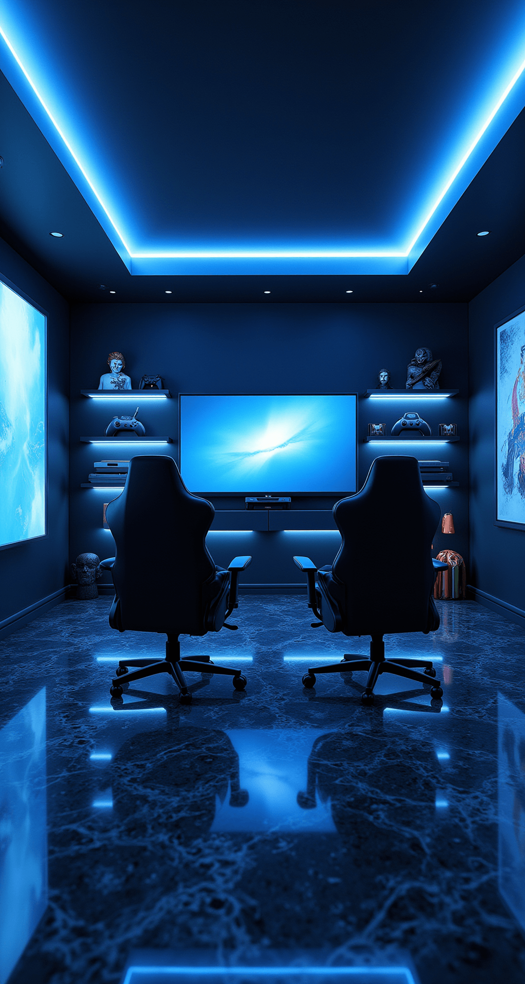 A futuristic gaming paradise featuring a curved ultra-wide monitor, sleek ergonomic chairs, and a galaxy-patterned epoxy floor, illuminated by cool blue LED strip lighting.