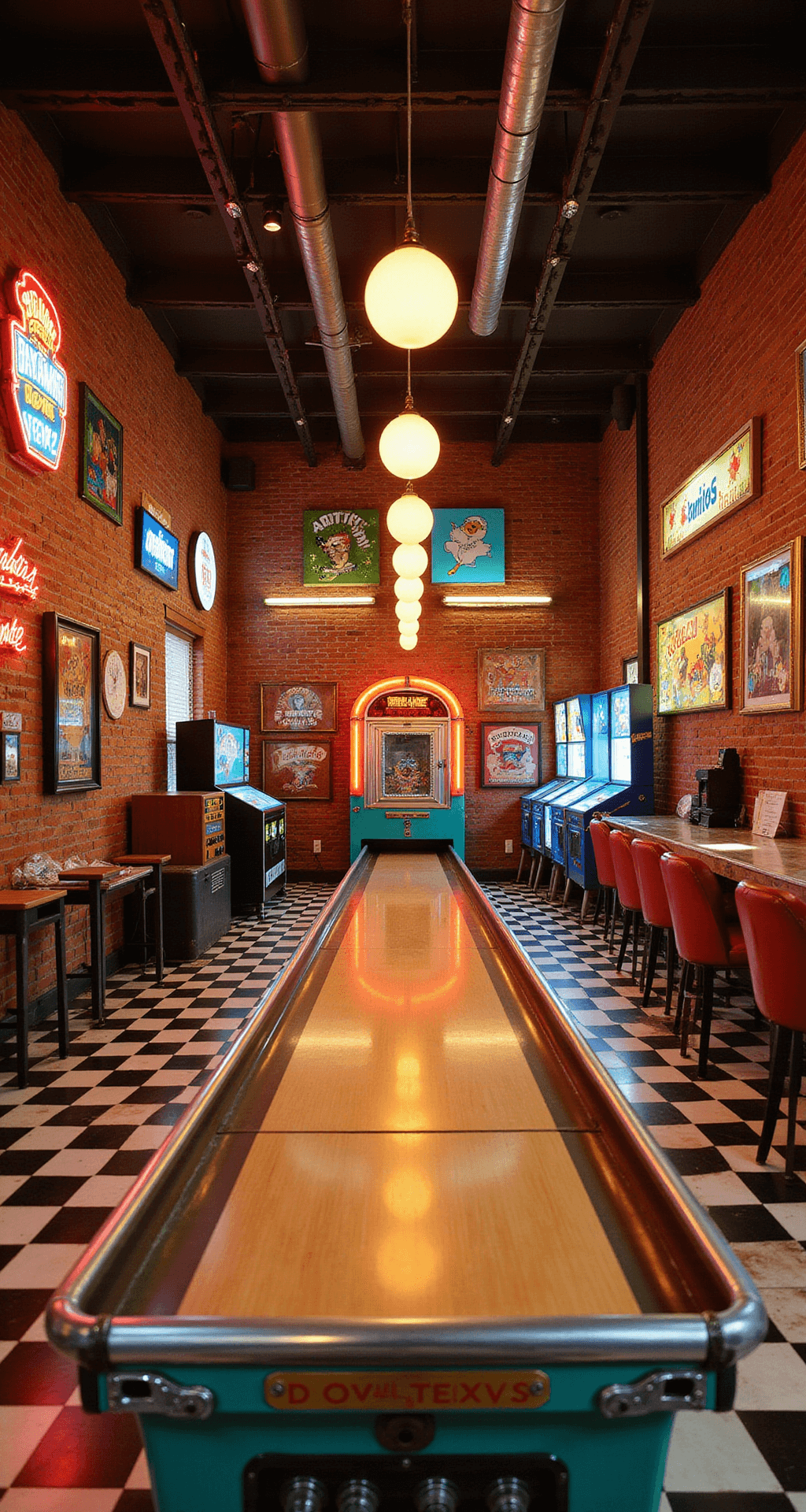A retro-inspired game room featuring a restored 1950s bowling alley, vintage arcade games, a custom shuffleboard table, and vibrant decor with exposed brick walls and warm lighting.