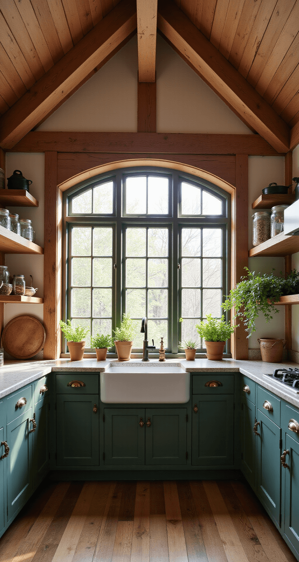 Bloxburg House Kitchen Ideas: From Budget-Friendly to Luxurious Designs A rustic chic kitchen featuring exposed wooden beams, forest green cabinets, and stone countertops, illuminated by warm afternoon light from a bay window. Open shelving showcases mason jars and copper cookware, while a farmhouse sink is flanked by potted herbs, creating a cozy and inviting atmosphere.
