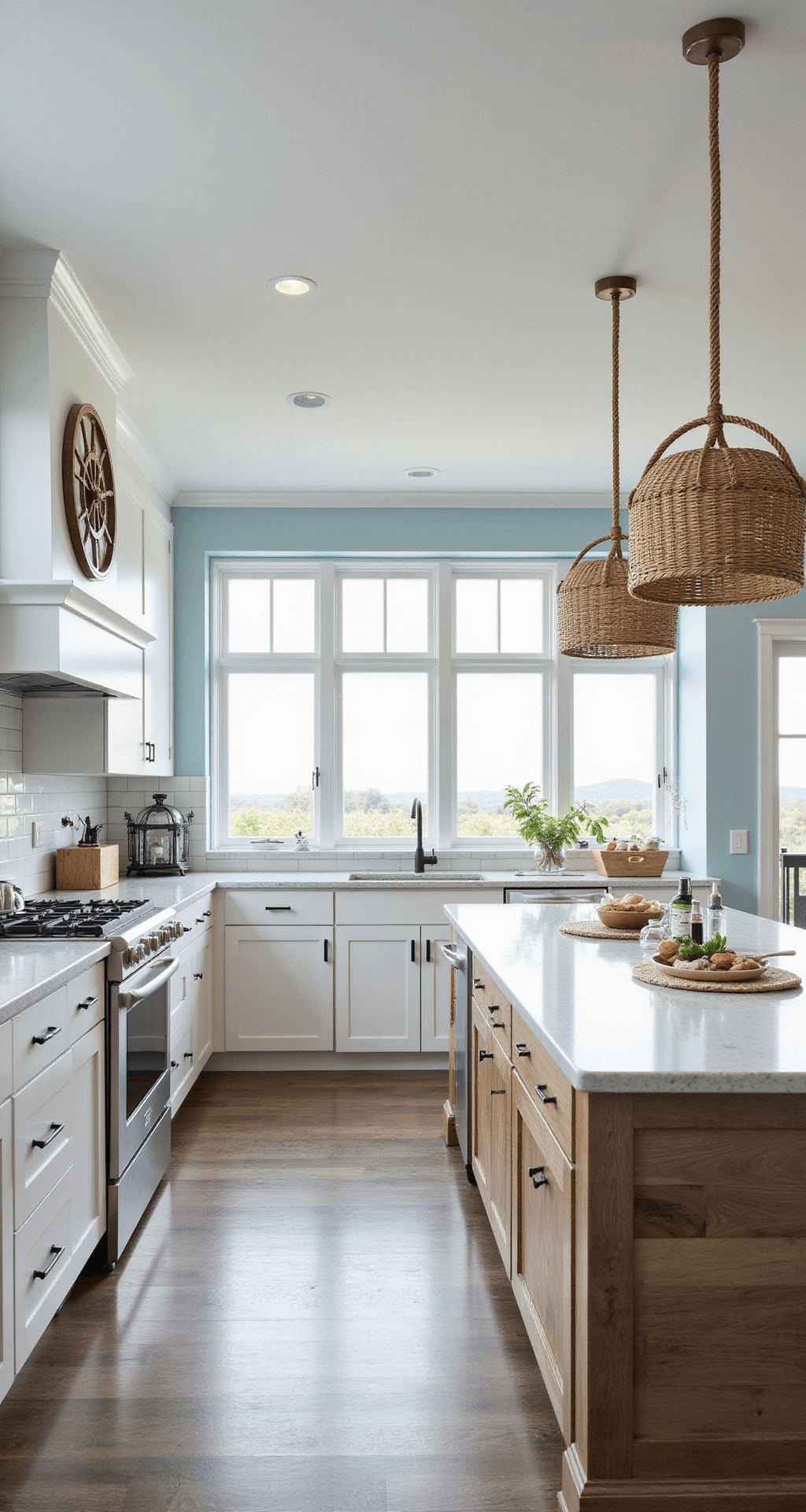 Bloxburg House Kitchen Ideas: From Budget-Friendly to Luxurious Designs A sunny coastal-inspired kitchen featuring white shaker cabinets, pale blue walls, and a quartz-topped central island with a driftwood base. Nautical decor includes a ship's wheel clock and rope-wrapped pendant lights, with floor-to-ceiling windows providing ample natural light and a panoramic view. The image is captured from an elevated corner angle, highlighting the open layout and bright, airy atmosphere.
