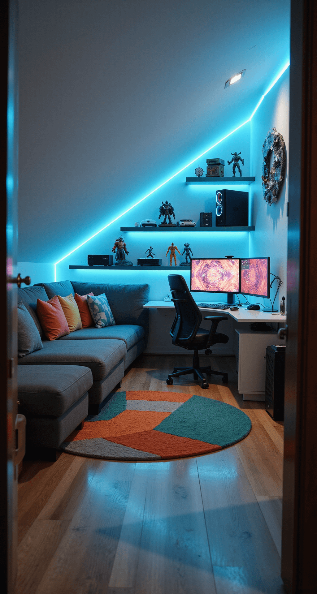 A welcoming 15x15 ft game nook with slanted ceilings, featuring a plush grey modular sofa, colorful geometric throw pillows, and ambient LED lighting. Retro consoles and action figures are displayed on floating shelves, while a sleek white desk holds a custom gaming PC setup with three curved monitors. A large circular rug with an abstract teal and orange pattern enhances the cozy, modern atmosphere.