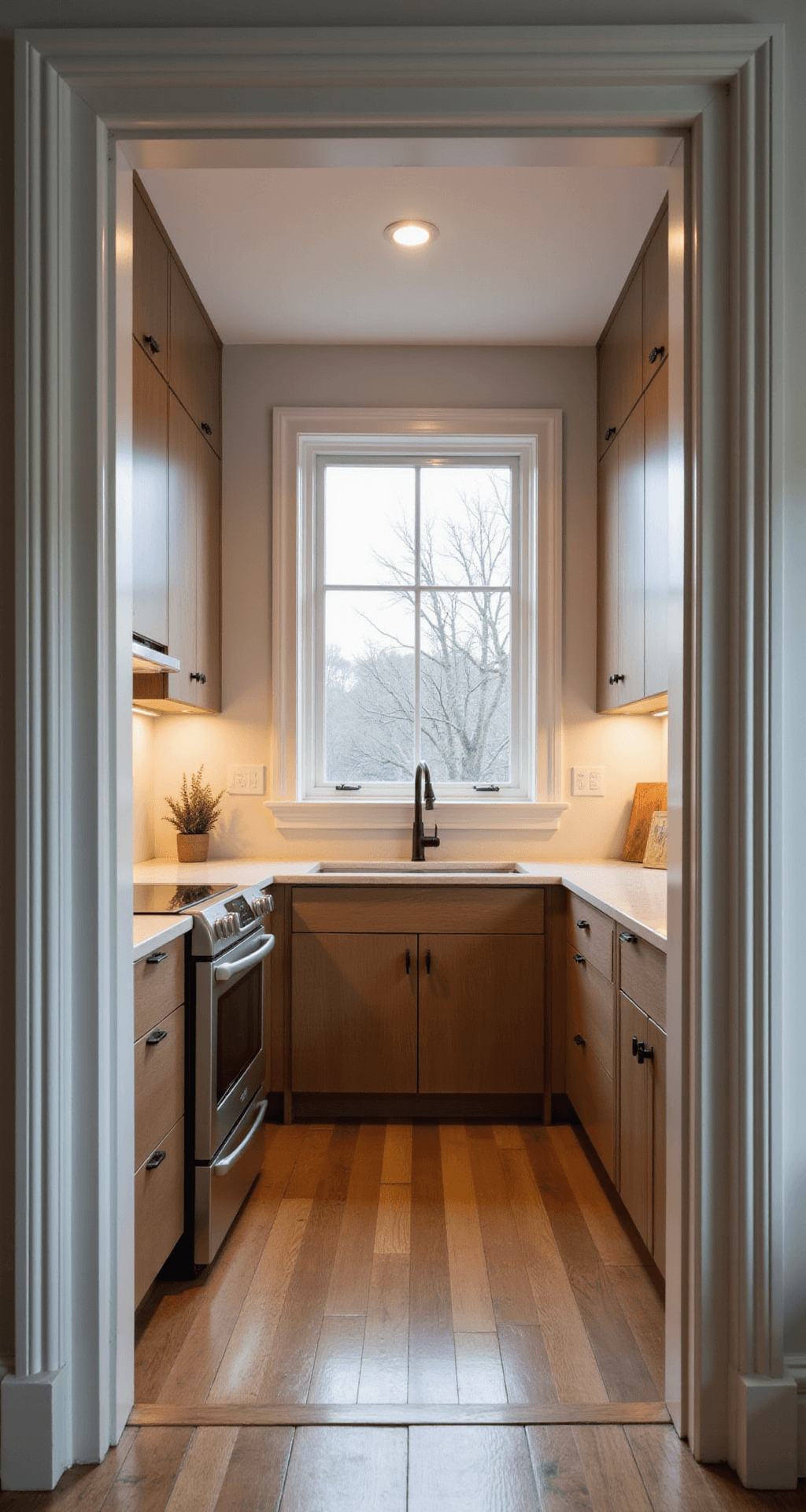 Bloxburg House Kitchen Ideas: From Budget-Friendly to Luxurious Designs A cozy 3x4 ft galley kitchen with a quartz countertop, integrated cooktop and sink, and a tucked oven below, illuminated by soft evening light from a small window, framed by modern reveal pillars at the entrance.