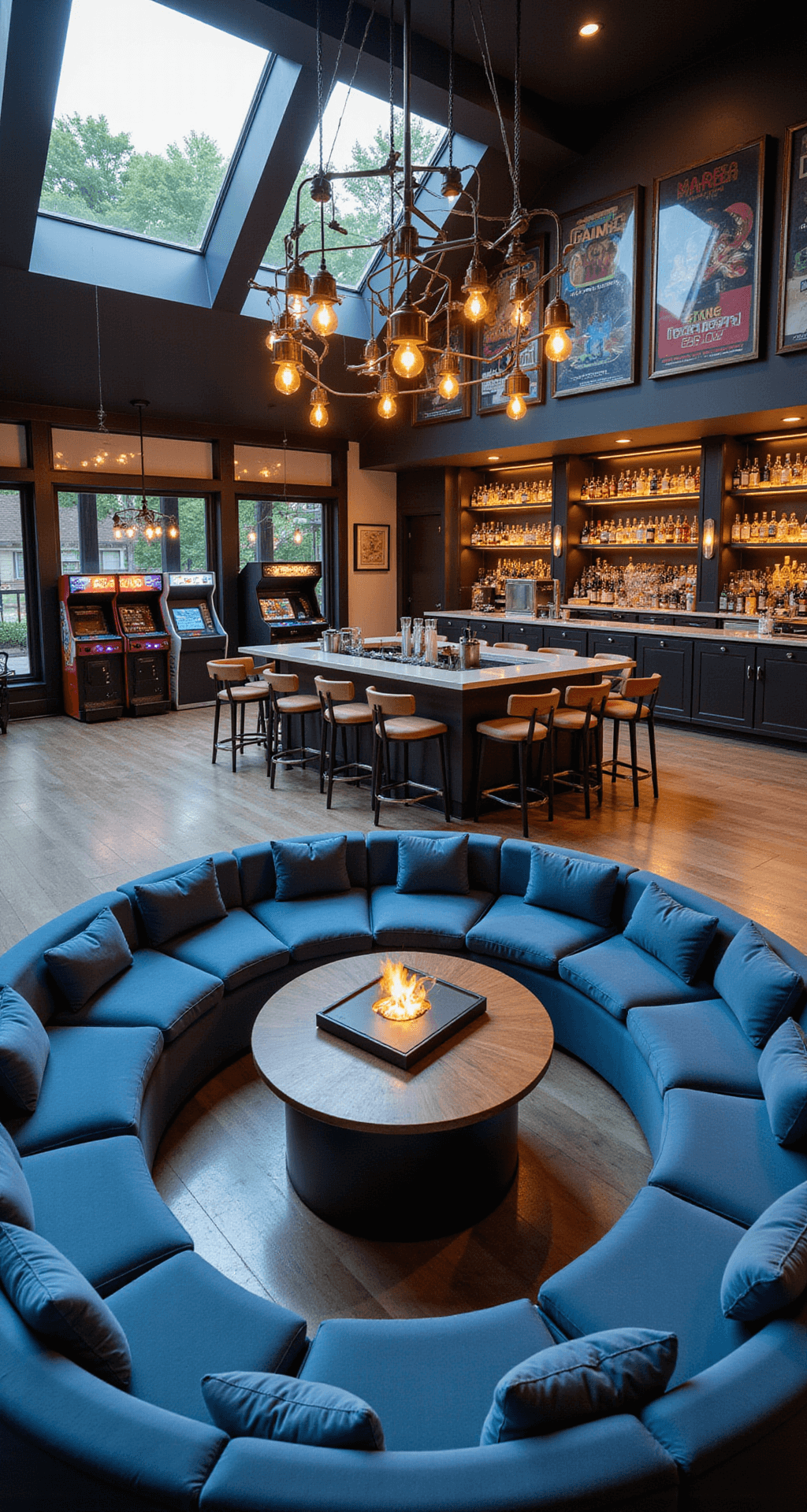 A spacious open-concept game room and bar area featuring arcade cabinets with neon accents on the left, a fully-stocked wet bar with LED-lit shelving on the right, and a circular sunken conversation pit with deep blue modular seating in the center, illuminated by natural light from skylights and a geometric chandelier above, adorned with vintage game posters on the walls.