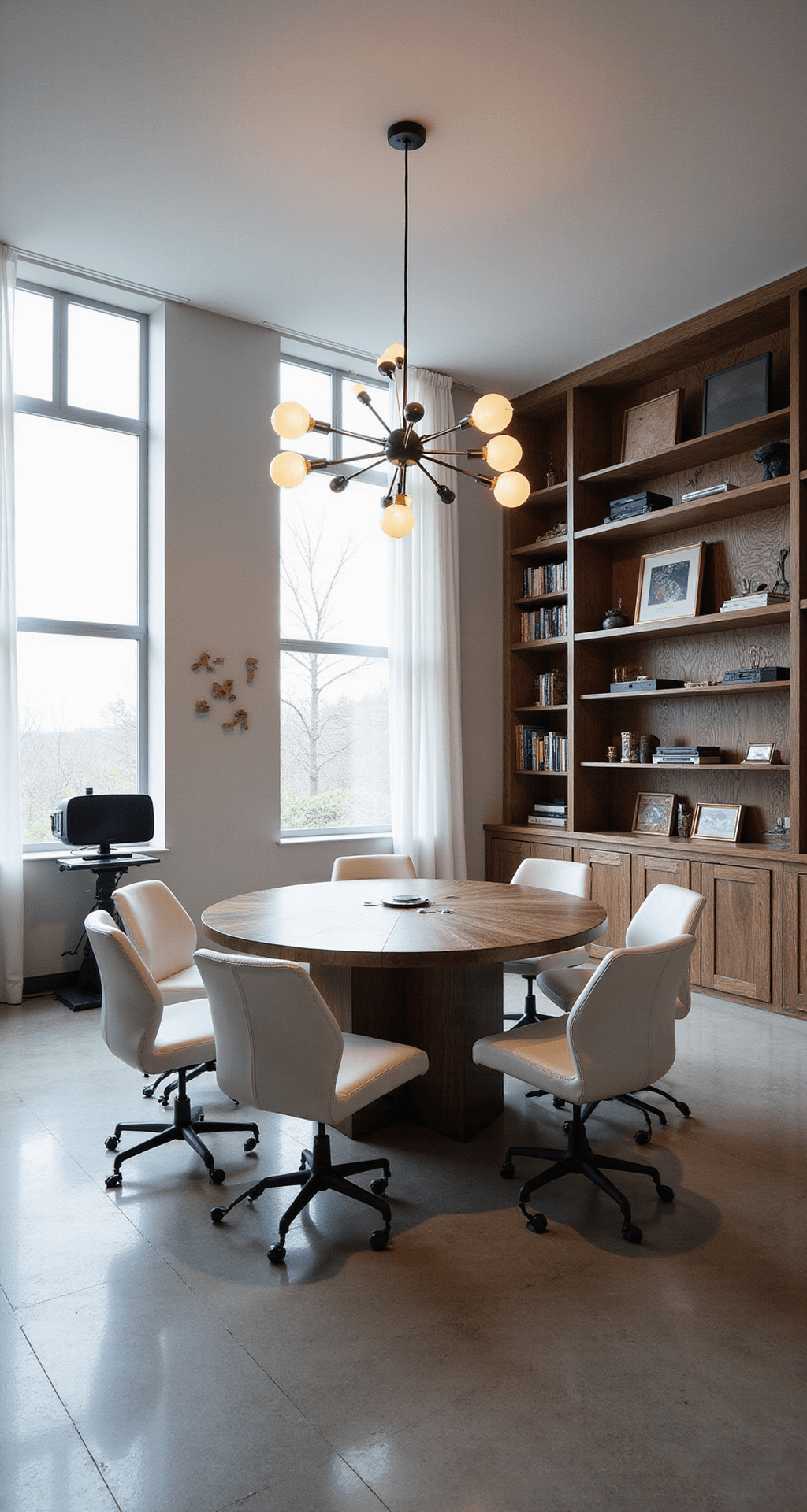 A spacious minimalist game room featuring high ceilings, built-in bookshelves filled with board games and consoles, a large round dark walnut gaming table, white leather ergonomic chairs, a modern sputnik chandelier, a sleek VR setup in one corner, and cool morning light streaming in through floor-to-ceiling windows with sheer white curtains.