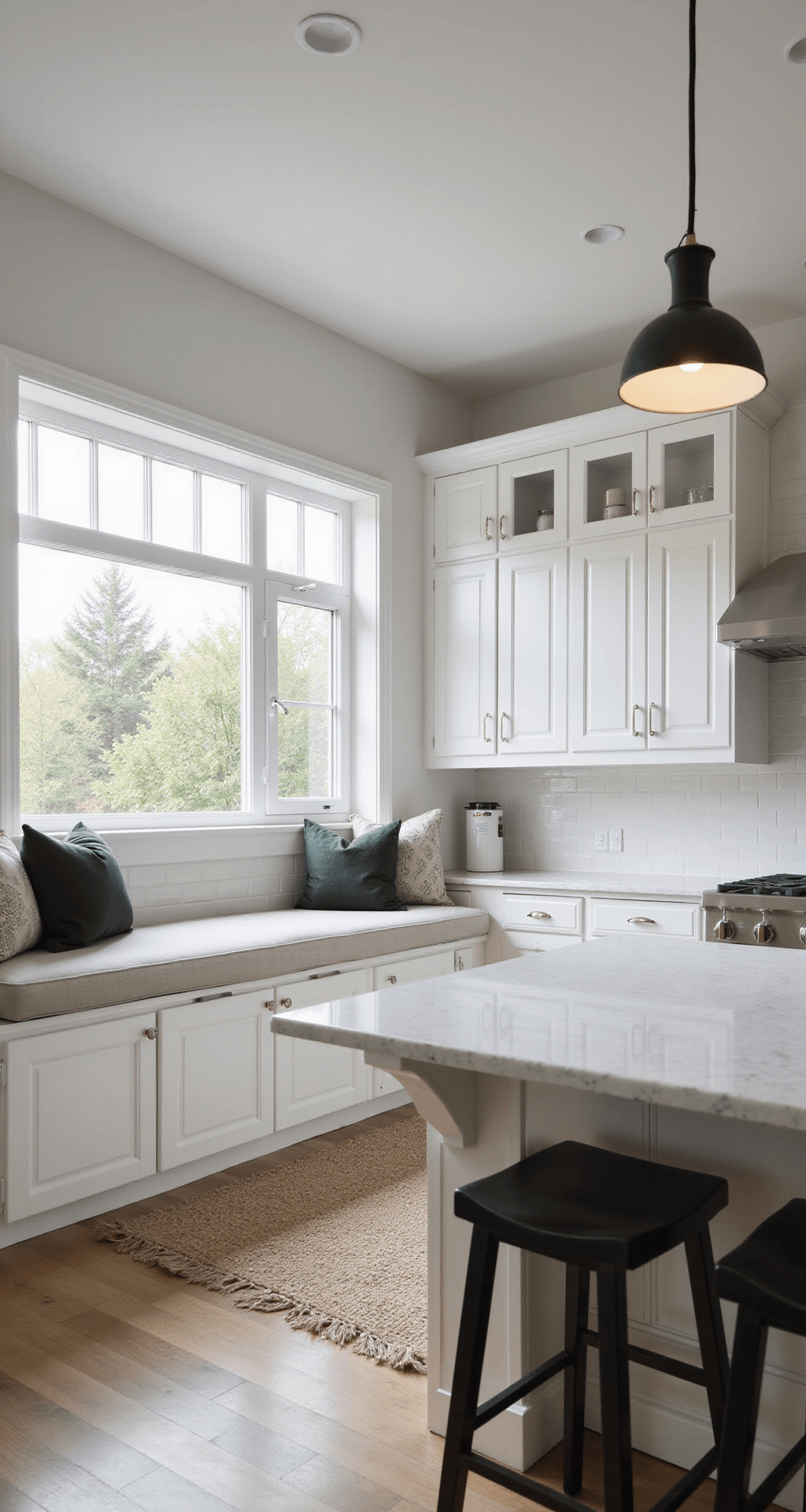 Bloxburg House Kitchen Ideas: From Budget-Friendly to Luxurious Designs A bright, modern kitchen featuring three white cabinet units, marble countertops, and a spacious window overlooking a breakfast nook with built-in seating. Pendant lights hang above a central island, with the room captured from a high angle to showcase its open layout.