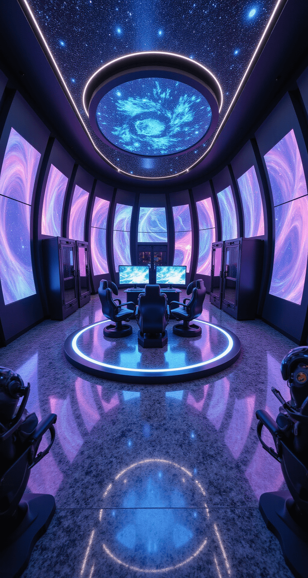 A futuristic game room designed like a spaceship interior, featuring curved walls with LED panels, a starry fiber optic ceiling, a central gaming pod with holographic displays, and VR booths with transparent doors, all captured from a high angle.