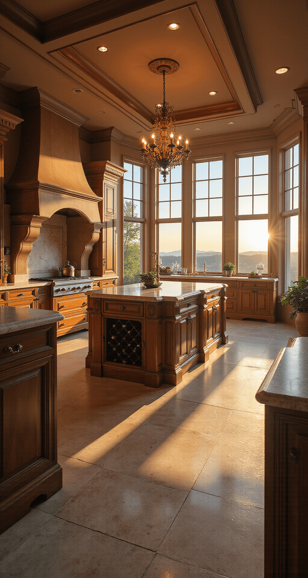 Bloxburg House Kitchen Ideas: From Budget-Friendly to Luxurious Designs A luxurious 10x10 ft kitchen bathed in golden hour light, featuring a massive island with waterfall edges, built-in wine storage, custom cabinetry, a walk-in pantry, and a statement chandelier, with panoramic views through floor-to-ceiling windows.