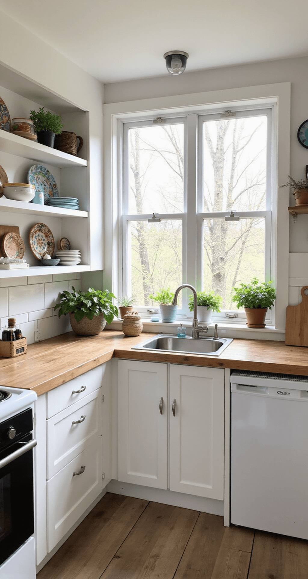 Bloxburg House Kitchen Ideas: From Budget-Friendly to Luxurious Designs A cozy 4x4 ft budget-friendly kitchen with white cabinets, butcher block countertops, colorful mismatched plates on open shelves, and potted herbs on the windowsill, bathed in soft afternoon light.