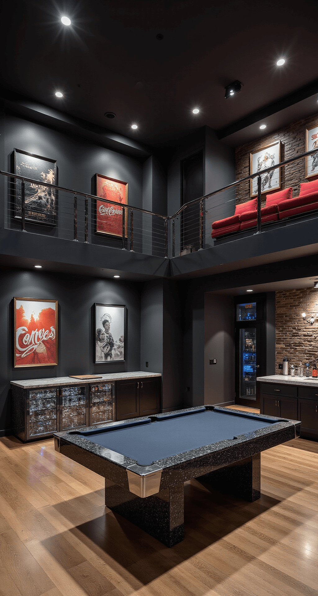 Luxury modern game room with double-height ceilings, featuring a carbon fiber pool table, onyx bar, mezzanine home theater, and floating staircase, shot from above.