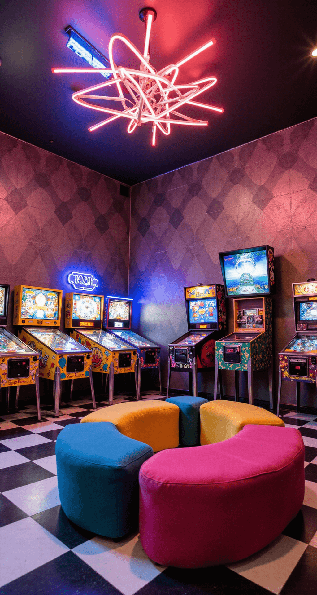 A vibrant retro-modern game room inspired by 80s arcades, featuring neon geometric wallpaper, restored vintage pinball machines, a custom gaming cabinet, an artistic neon tube light installation, and a circular seating area with modular furniture on black and white checkered tiles.