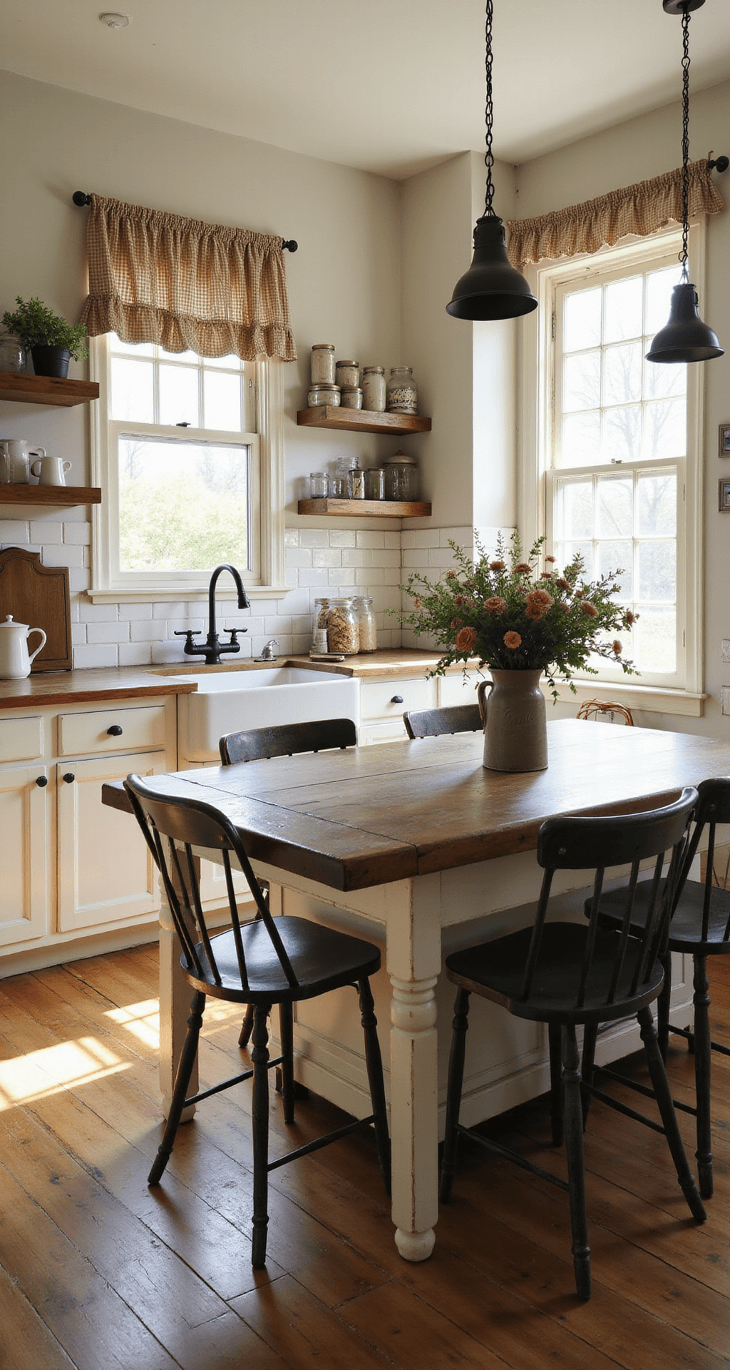 A cozy and inviting farmhouse kitchen featuring cream-colored shaker cabinets, a weathered wood island, vintage metal chairs around a rustic dining table, open shelving with mismatched china, and a large farmhouse sink under a window with gingham curtains, all bathed in warm morning light.
