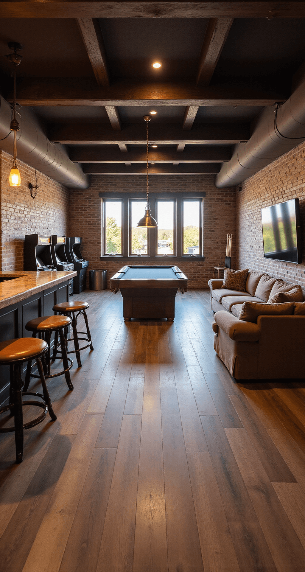 A spacious basement game room with exposed brick walls, dark wood beams, and a 9ft ceiling, featuring a pool table, a custom bar with leather stools, vintage arcade machines, a cozy seating area with an L-shaped sofa, and luxury vinyl plank flooring, all illuminated by warm afternoon sunlight.
