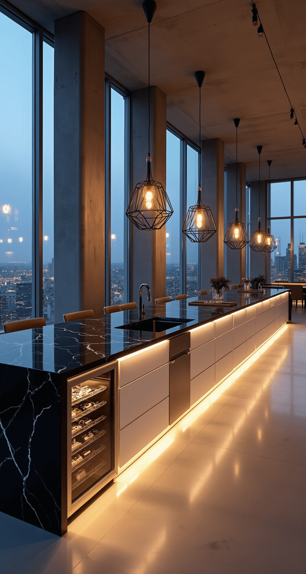 An ultra-modern penthouse kitchen with sleek white cabinets, black marble countertops, and a massive island featuring a waterfall edge. The space is illuminated by city lights through floor-to-ceiling windows and complemented by geometric chandeliers. Industrial concrete pillars enhance the chic aesthetic, while a glass wine fridge displays an impressive collection. The eye-level view captures the luxurious atmosphere at dusk.