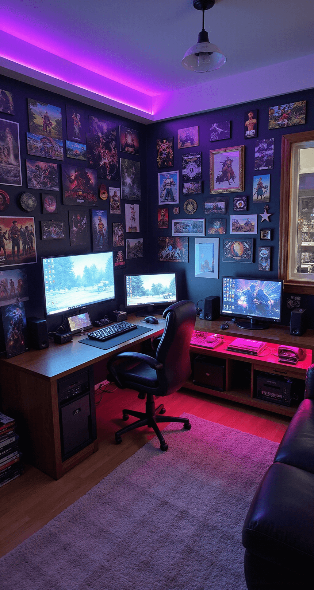 A vibrant maximalist gaming paradise featuring a 15x15ft corner room filled with gaming memorabilia, illuminated by late afternoon light. Numerous gaming stations, including a PC setup, console area, and VR space, are organized within a chaotic yet curated decor, enhanced by color-zoned LED strips. An elaborate custom-built entertainment center showcases integrated cable management, all viewed from an elevated perspective to highlight the intricate layout and dynamic ambiance.