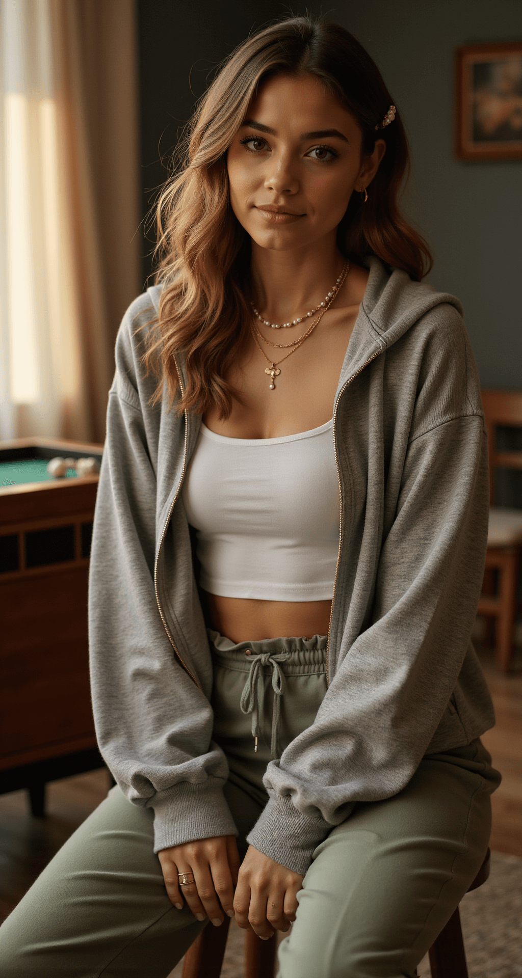 A cozy Scandinavian-style game room during golden hour, featuring a model in a fitted heather grey cropped hoodie over a white tank top and high-waisted sage green joggers. Delicate gold layered necklaces and pearl hair clips accentuate her loose waves, with warm shadows enhancing the intimate atmosphere.