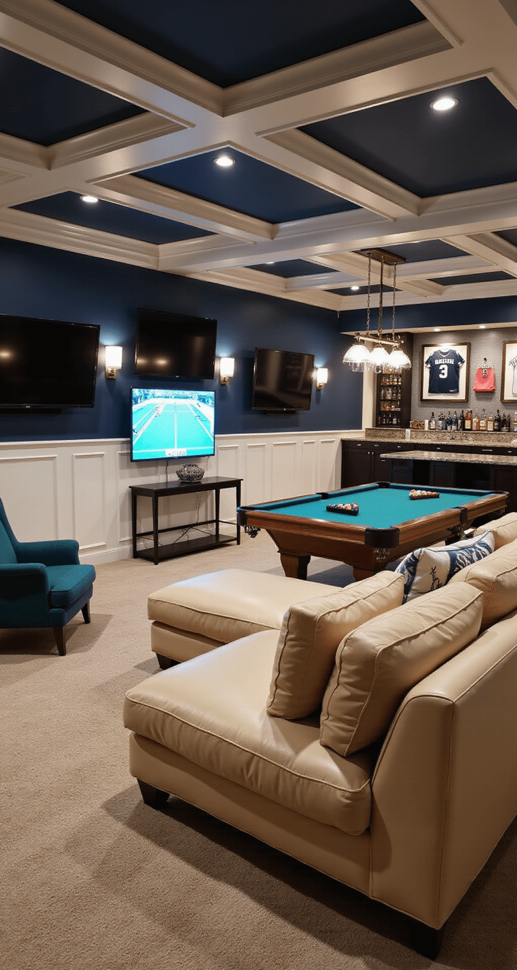 A luxurious basement sports lounge featuring navy blue walls with white wainscoting, a large leather sectional, three flatscreen TVs, a pool table under a modern chandelier, and a fully stocked bar, all beautifully illuminated.