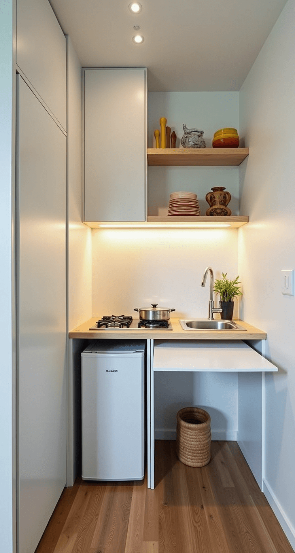 A compact kitchen layout with white cabinets reaching the ceiling, a pull-out pantry, a mini fridge under the counter, a small sink, and a two-burner cooktop, complemented by floating shelves and a fold-down table, all illuminated by bright LED and overhead lighting, showcasing an efficient and cozy space.