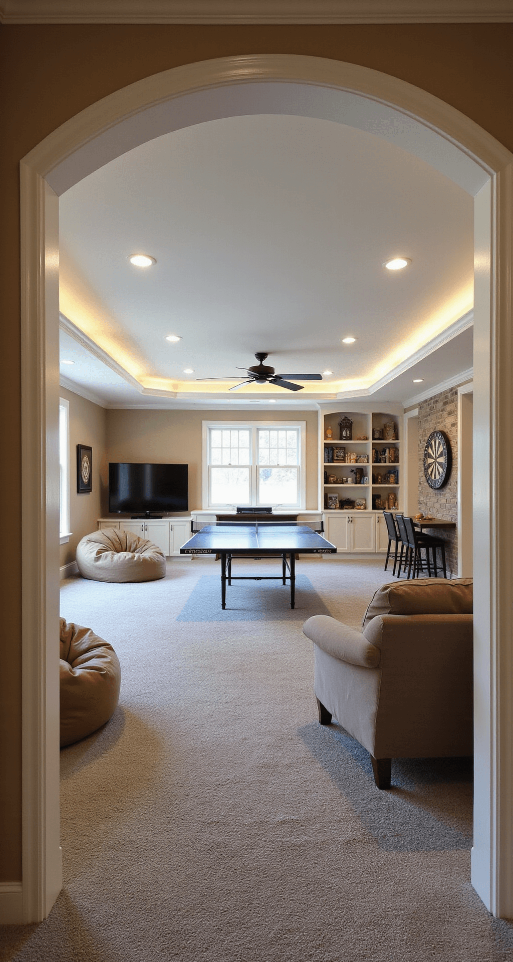 A cozy family game room with beige walls, a coffered white ceiling, and natural light from a large bay window. Featuring a central ping pong table, built-in shelving with games and consoles, a dart board, a wet bar, bean bag chairs, and a microfiber sectional on heather gray carpet.