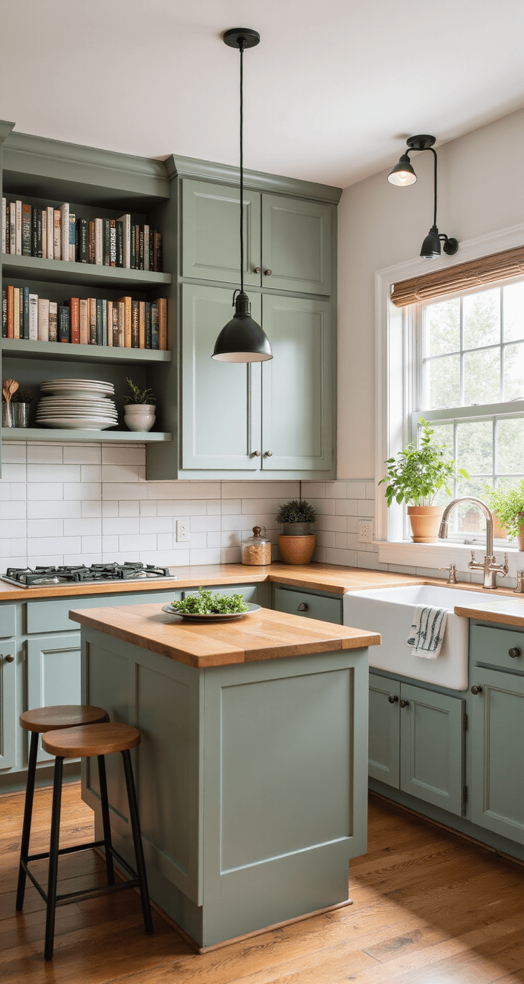 A cozy mid-sized kitchen featuring sage green cabinets and butcher block countertops, with a small island serving as a breakfast bar. Open shelving displays cookbooks and plants, while a farmhouse sink is positioned below a window filled with herb planters. Pendant lights illuminate the island, and a compact dining nook with a built-in bench adds to the inviting atmosphere, all bathed in soft natural light alongside warm artificial lighting.