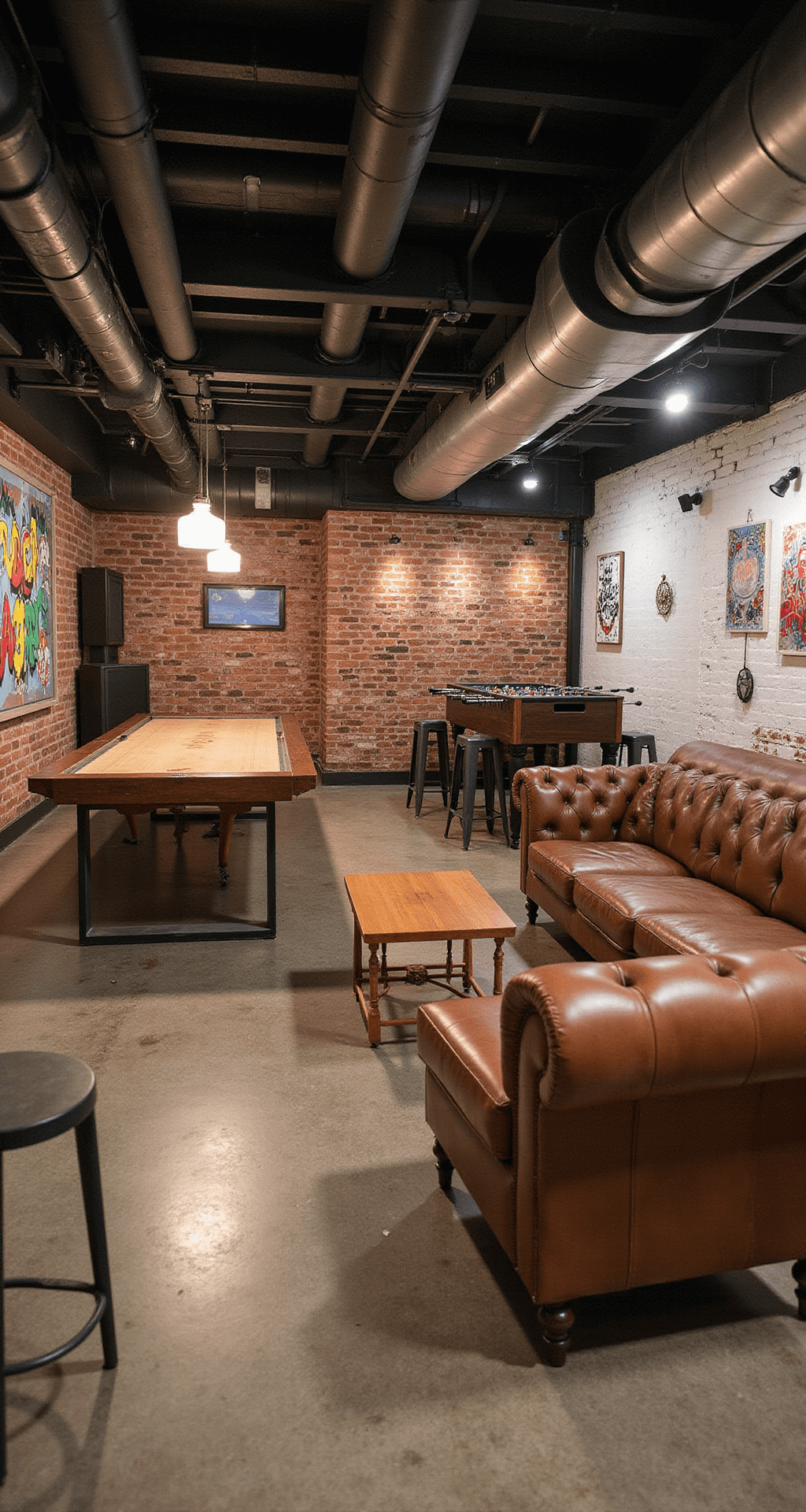An eclectic game room in a basement with industrial-chic decor, featuring exposed black ductwork, whitewashed and muraled brick walls, a vintage shuffleboard table, a custom foosball table, a small stage for performances, and mixed seating. The polished concrete floor and dynamic lighting enhance the vibrant atmosphere.