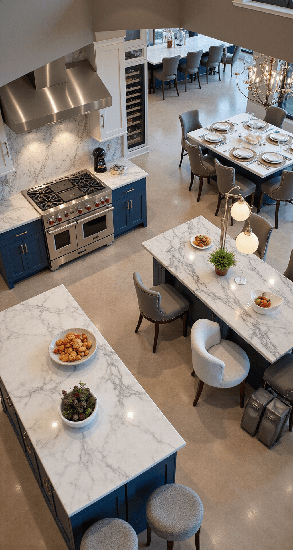 A spacious 10x10 ft kitchen designed for entertaining, featuring double islands with marble countertops and navy bases, professional stainless steel appliances, multiple seating areas, a coffee station, and oversized chandeliers, captured from a wide overhead angle to highlight its luxurious and social ambiance.