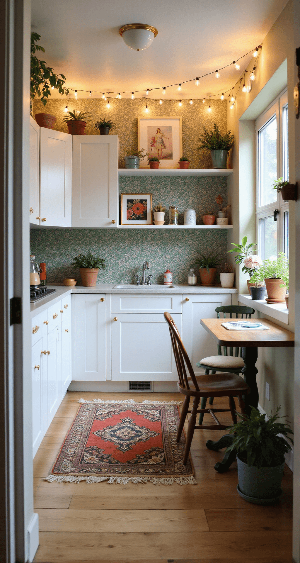 A cozy, budget-friendly kitchen featuring white cabinets with gold hardware, creative peel-and-stick backsplash tiles, colorful accessories and artwork, string lights above open shelving, a small table with mismatched chairs, and vibrant potted plants in warm lighting, all viewed from the entrance.