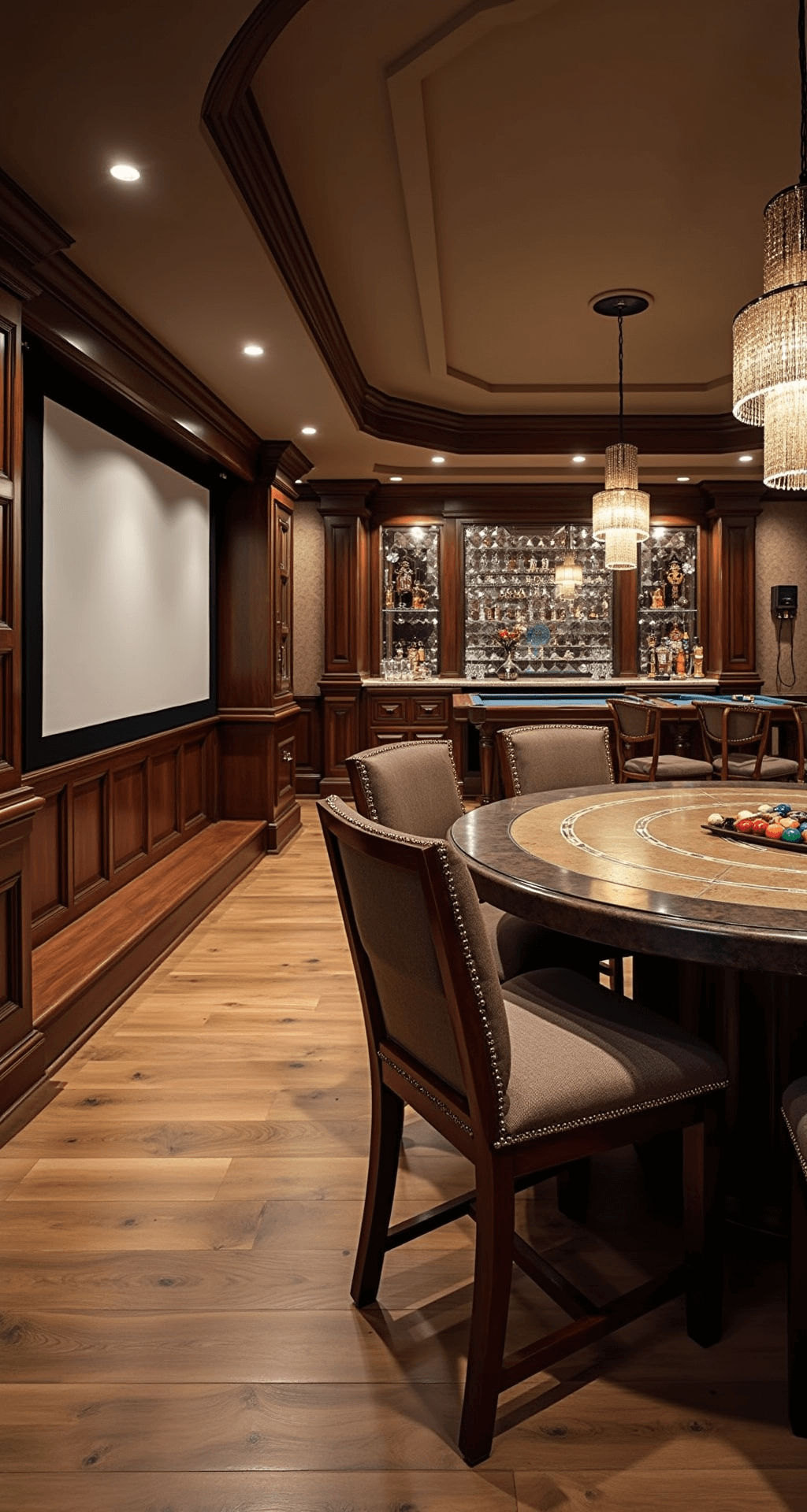 A luxurious basement entertainment complex featuring a high-end home theater, a professional-grade bar with crystal chandeliers, and a gaming area with pool and poker tables, all adorned with rich walnut paneling and dramatic lighting.
