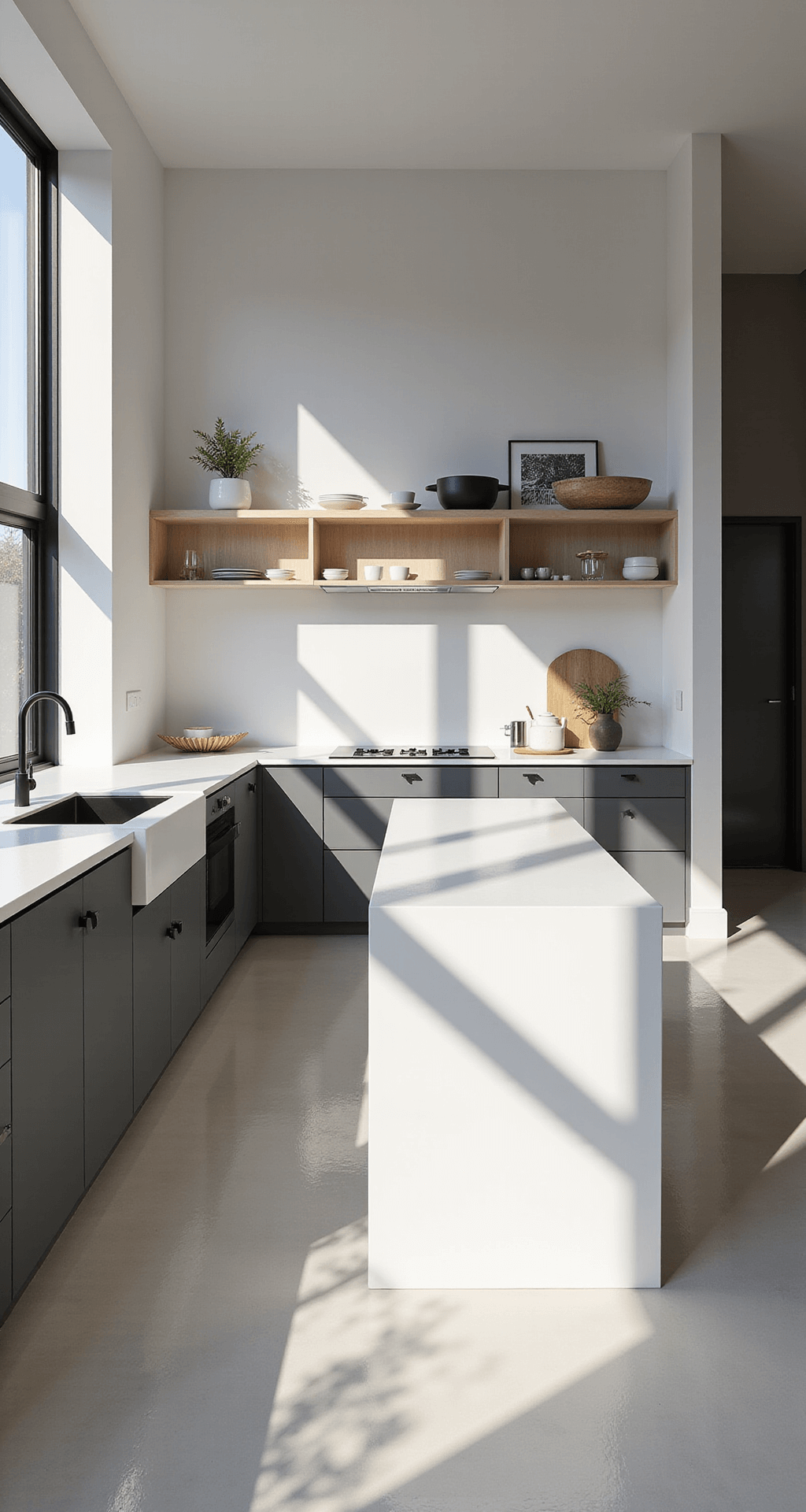 A sleek minimalist kitchen illuminated by morning light, featuring floor-to-ceiling windows, white quartz countertops, matte black hardware, a large central island with a waterfall edge, floating shelves with curated ceramics, and hidden appliances, all presented in a serene and sophisticated atmosphere.